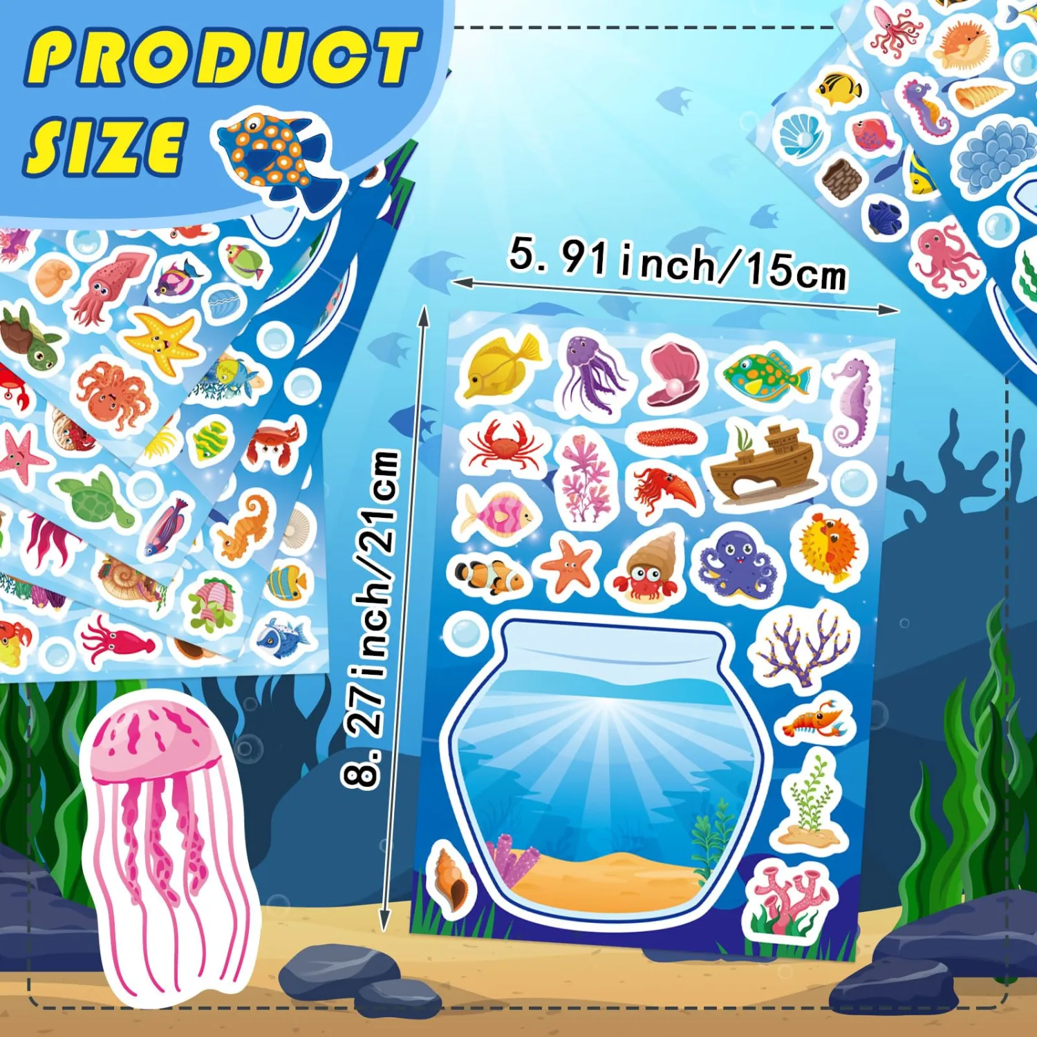 24 PCS Ocean Animal Stickers, Make a Face Sticker Sheets for Kids, Make Your Own Sea Animal Fish Tank Scene for Kids Summer Party Favors Activities