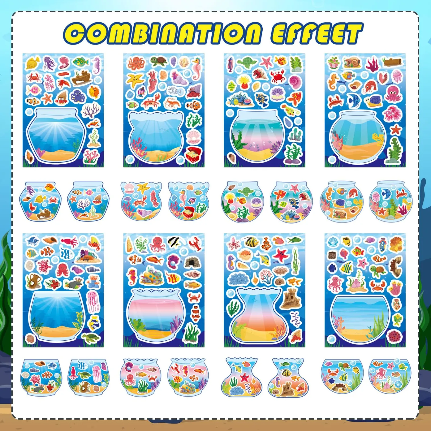 24 PCS Ocean Animal Stickers, Make a Face Sticker Sheets for Kids, Make Your Own Sea Animal Fish Tank Scene for Kids Summer Party Favors Activities