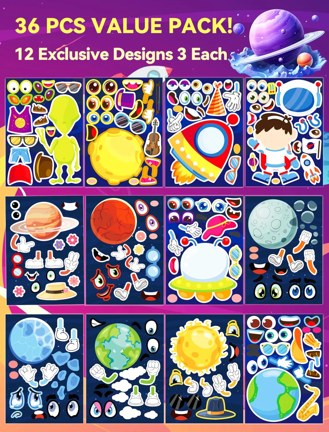 Ozepao 36 Pcs Outer Space Make-A-Face Sticker Sheets | Mix & Match Space Party Favors for Kids | Space Party Decorations, Crafts & Activities