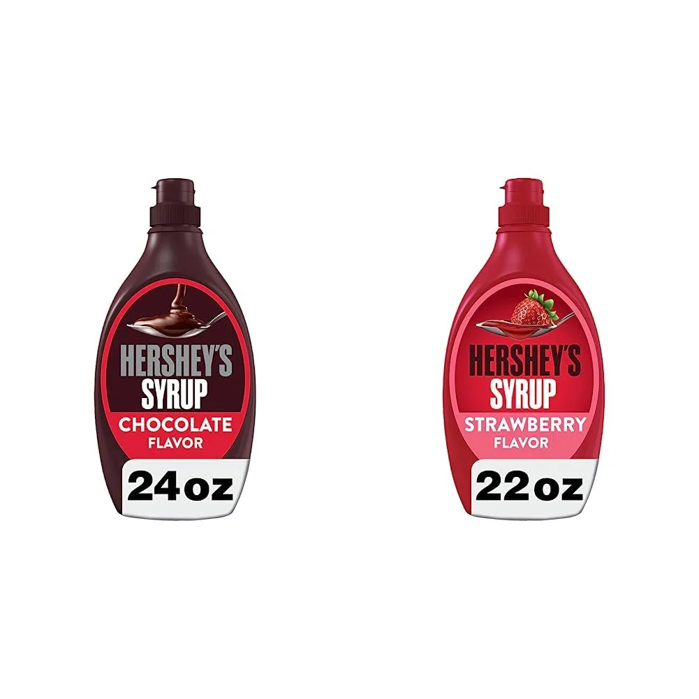 Hershey's Sundae Toppings Bundle for Sundae Bar, Two Syrup Bottles, (1) Chocolate 24 oz and (1) Strawberry 22 oz