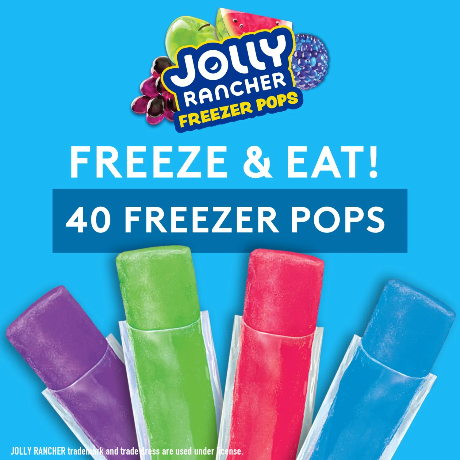 Jolly Rancher Freezer Pops Variety Pack, Fruit Flavored Ice Pops, Grape, Green Apple, Watermelon, Blue Raspberry, Freeze & Eat Popsicles, Frozen Snacks Dessert Bars, 40 Count