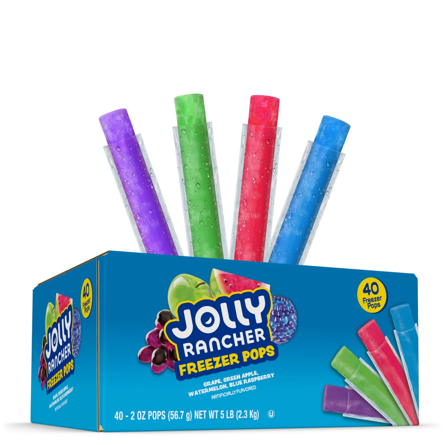 Jolly Rancher Freezer Pops Variety Pack, Fruit Flavored Ice Pops, Grape, Green Apple, Watermelon, Blue Raspberry, Freeze & Eat Popsicles, Frozen Snacks Dessert Bars, 40 Count