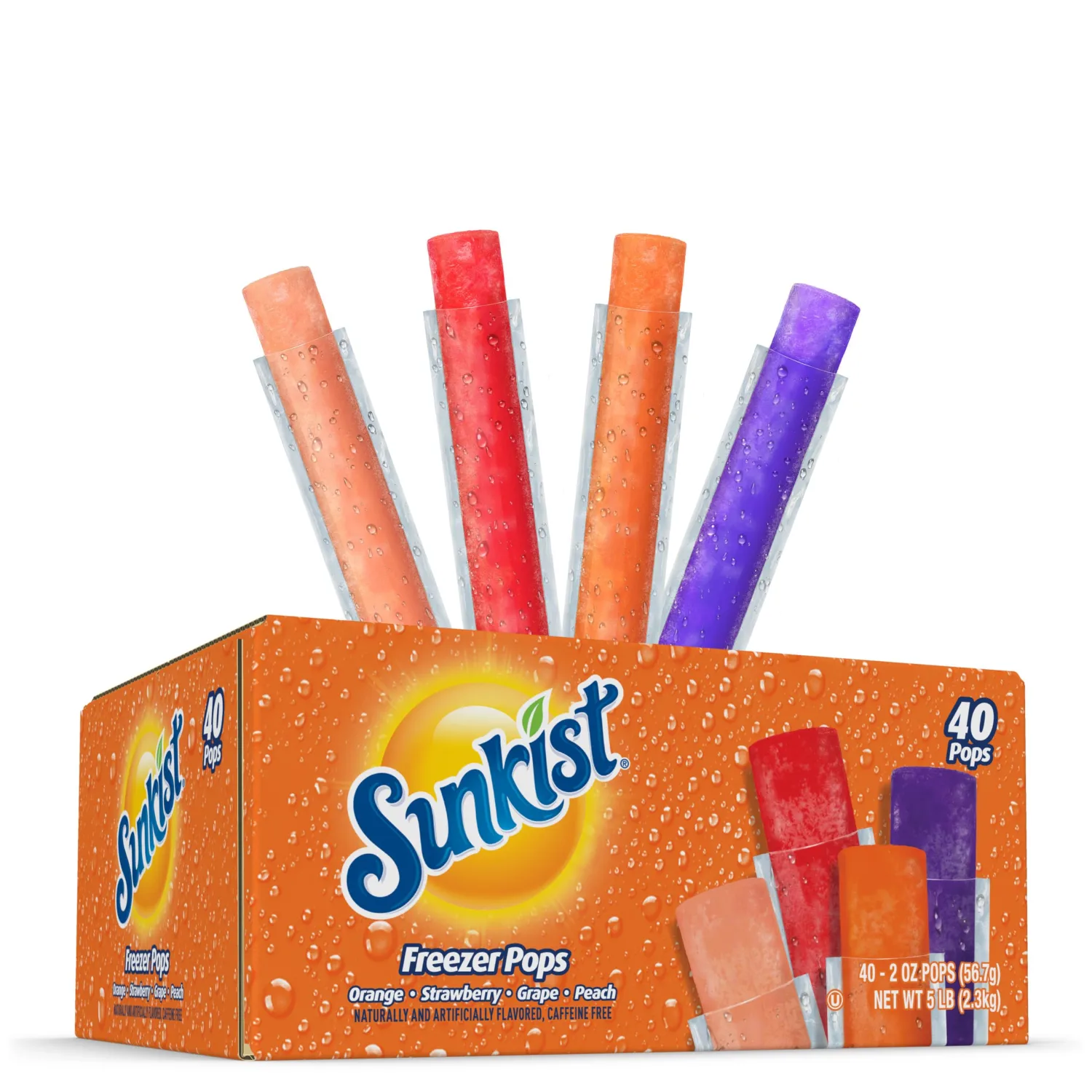 Sunkist Freezer Pops Variety Pack, Fruit Flavored Ice Pops, Orange, Strawberry, Grape, Peach, Freeze & Eat Popsicles, Gluten Free, Fat Free, Frozen Snacks Dessert, 40 Count