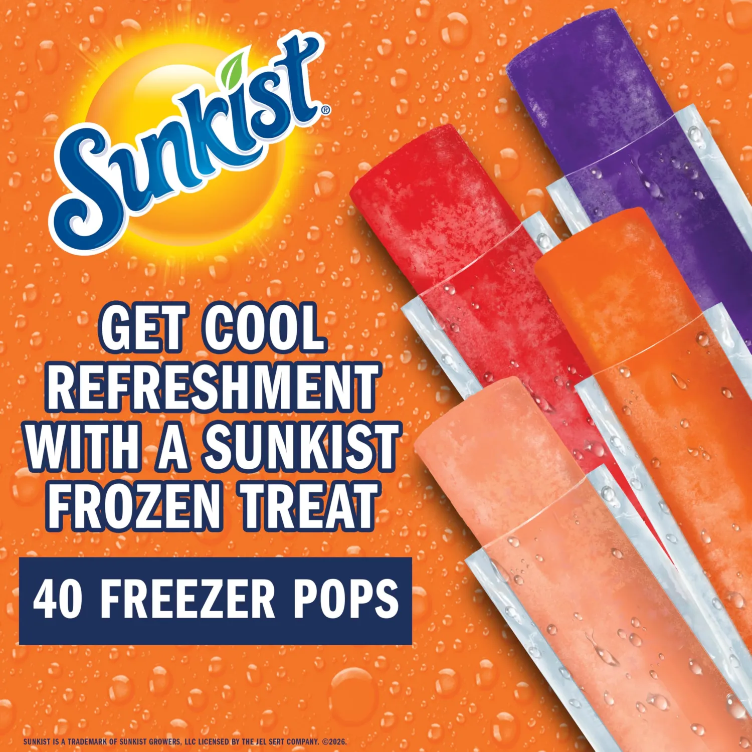 Sunkist Freezer Pops Variety Pack, Fruit Flavored Ice Pops, Orange, Strawberry, Grape, Peach, Freeze & Eat Popsicles, Gluten Free, Fat Free, Frozen Snacks Dessert, 40 Count