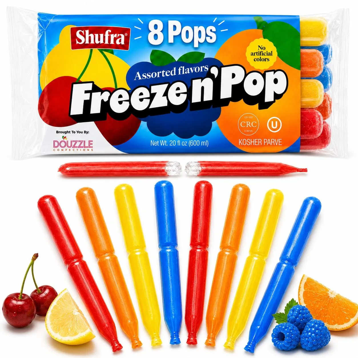 DOUzzle Kosher, Freeze Pops, Ice Pops, Slush Pops, Popsicles & Freezer Pops, Assorted Fruit Flavors, 8 Count (20 fl oz), 1 Pack Paletas Heladas, Paletas Congeladas, No Artificial Colors