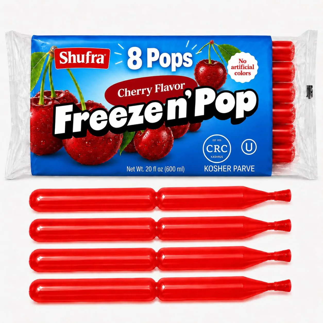 DOUzzle Kosher, Freeze Pops, Ice Pops, Slush Pops, Popsicles & Freezer Pops, Cherry Flavor, 8 Count (20 fl oz), 1 Pack Paletas Heladas de Cereza, No Artificial Colors
