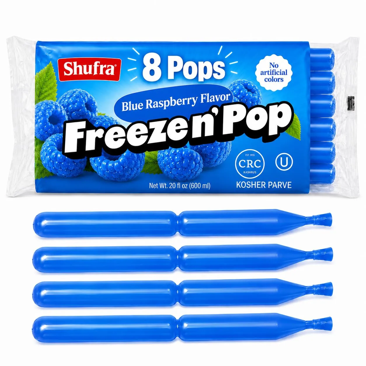 DOUzzle Kosher, Freeze Pops, Ice Pops, Slush Pops, Popsicles & Freezer Pops, Raspberry Flavor, 8 Count (20 fl oz), 1 Pack Paletas Heladas de Frambuesa, No Artificial Colors