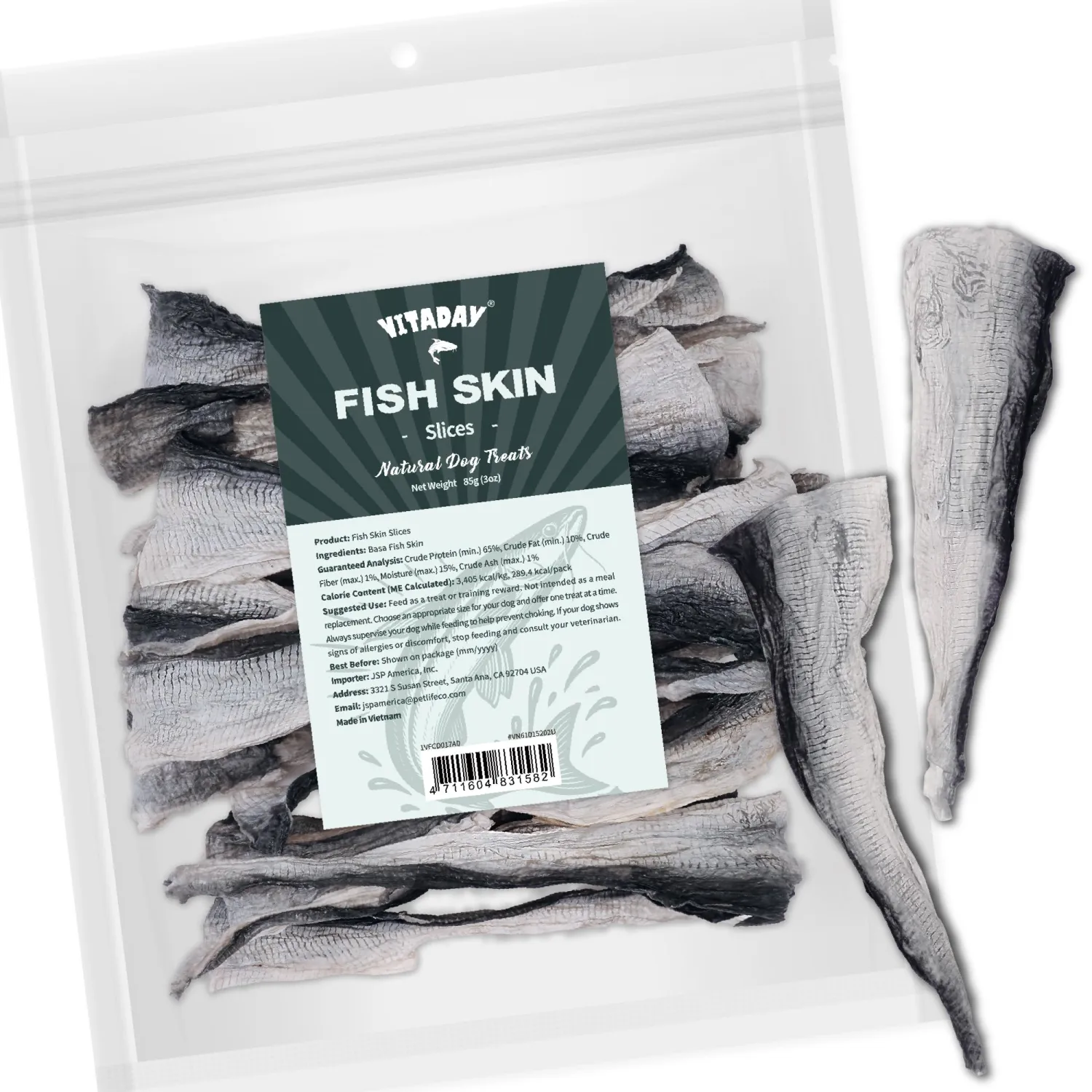 VITADAY 100% Fish Skin Dog Jerky Treats, Slice, 3 oz, 1-Pack | Natural dog jerky treats, rawhide alternative, 100% fish skin rich in collagen and omega-3, for all dogs, slice, 3 oz