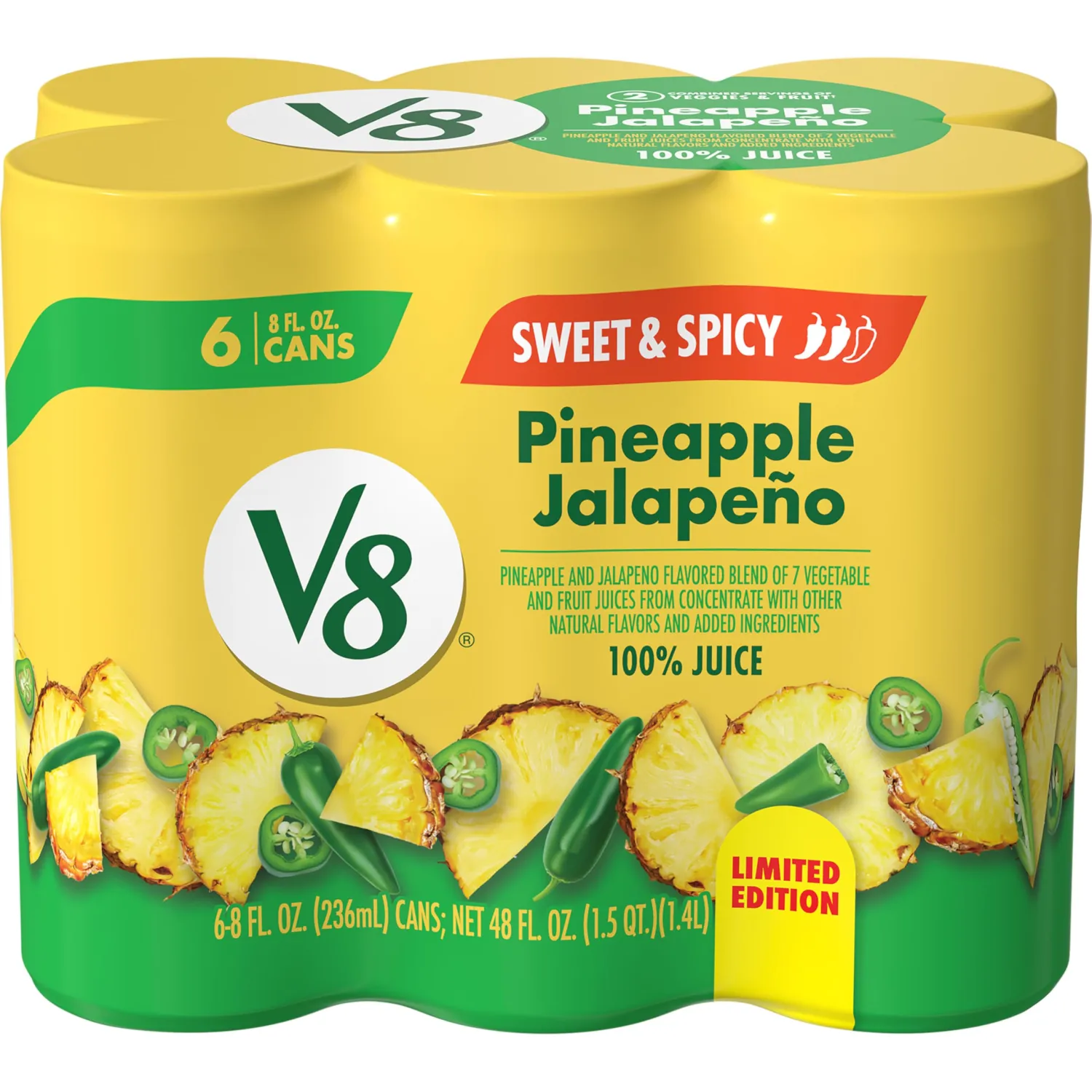 V8 Pineapple Jalapeno 100% Fruit and Vegetable Juice, 8 fl oz Can (6 Pack)
