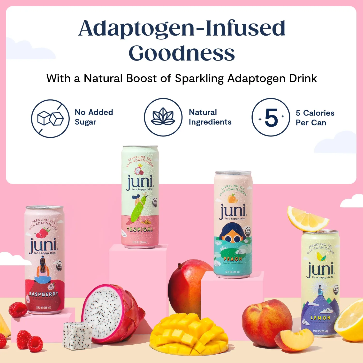 Juni Sparkling Adaptogen Drink, Peach, Zero Sugar, Mood & Focus, 12 Fl Oz | Ashwagandha, Lion’s Mane & Reishi Mushrooms, 5 Calories, Organic