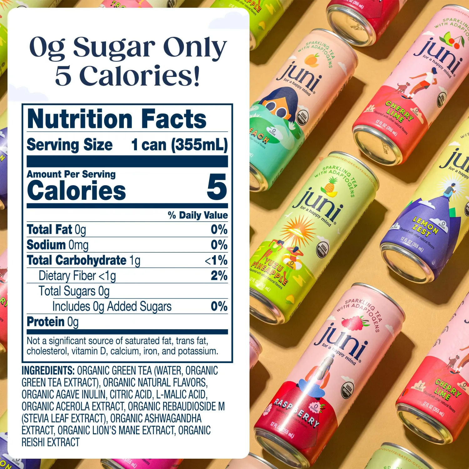 Juni Sparkling Adaptogen Drink, Peach, Zero Sugar, Mood & Focus, 12 Fl Oz | Ashwagandha, Lion’s Mane & Reishi Mushrooms, 5 Calories, Organic