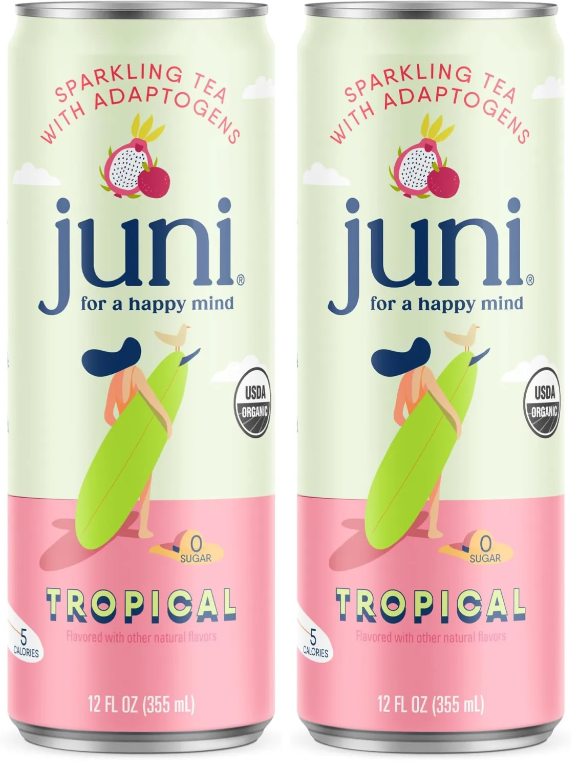 Juni Sparkling Adaptogen Drink with Ashwagandha, Lion’s Mane & Reishi Mushrooms, Zero Sugar, 5 Calories, Organic, Tropical 12 Fl Oz (Pack of 2)