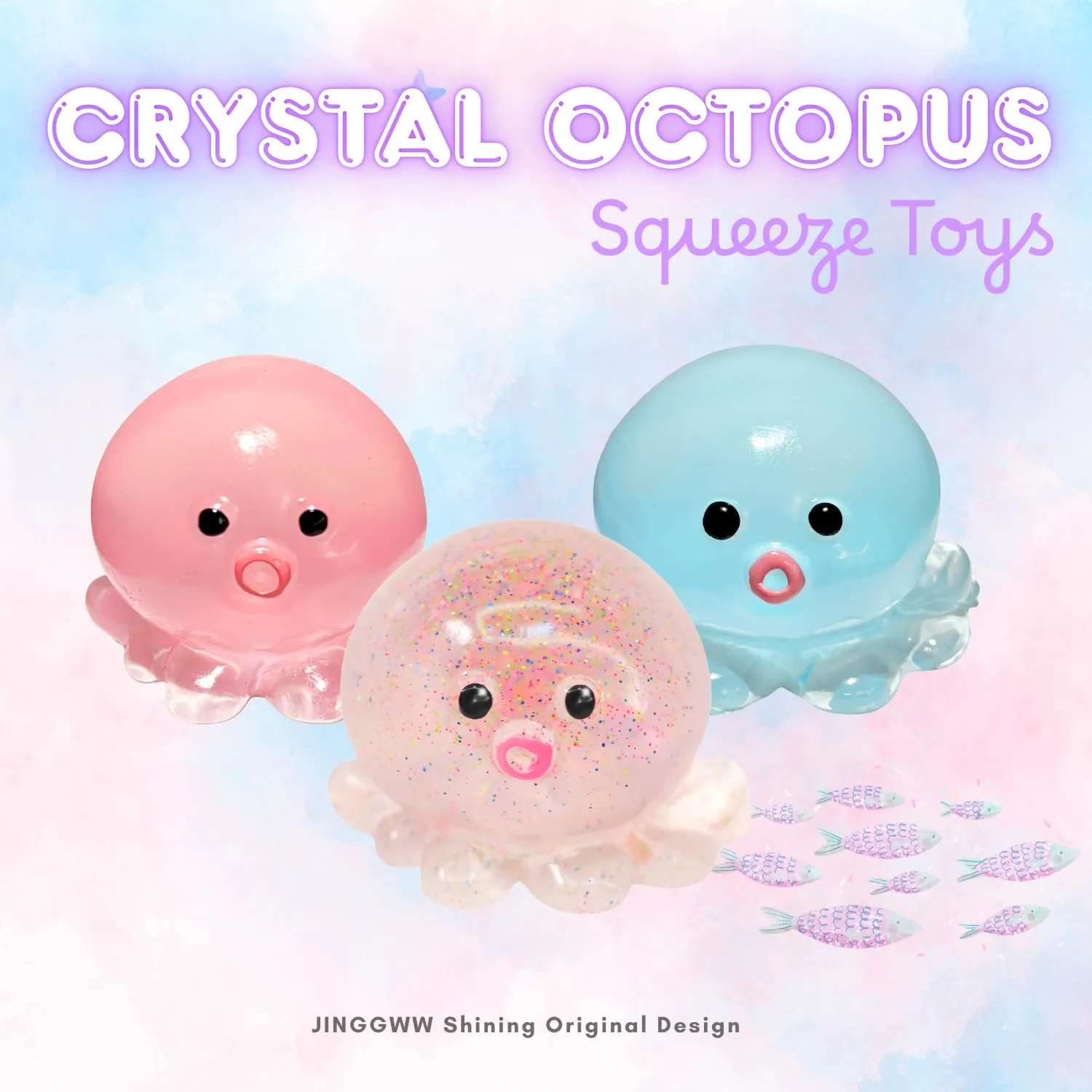 Crystal Sequin Octopus Taba Squishy – Cute Taba Stress Relief Toy, Kawaii Fidget Ball for Desk, Office & Gifts (Blue)