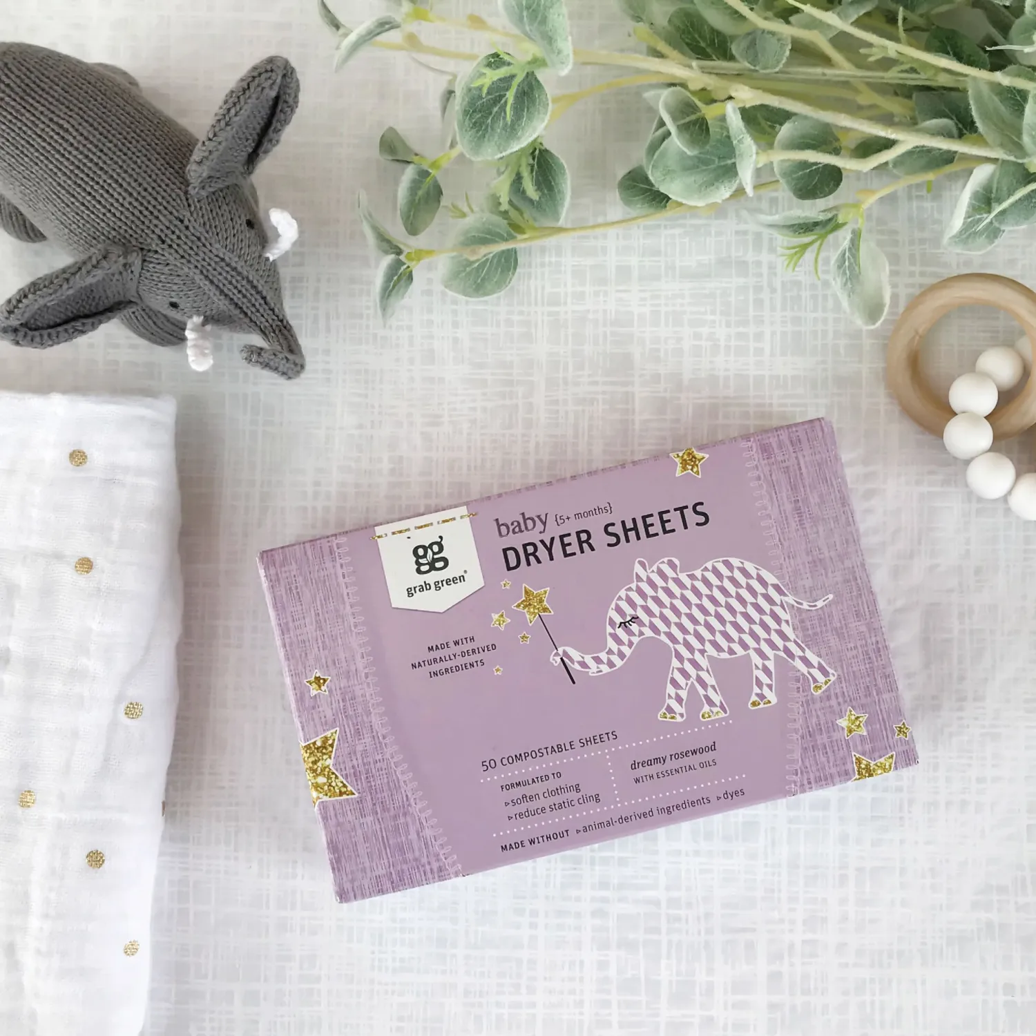 Grab Green Baby Dryer Sheets, 80 count, Dreamy Rosewood, Scent | Reduces wrinkles and static; Designed for sensitive skin; Plant & Mineral Based; For Babies 5+ Months