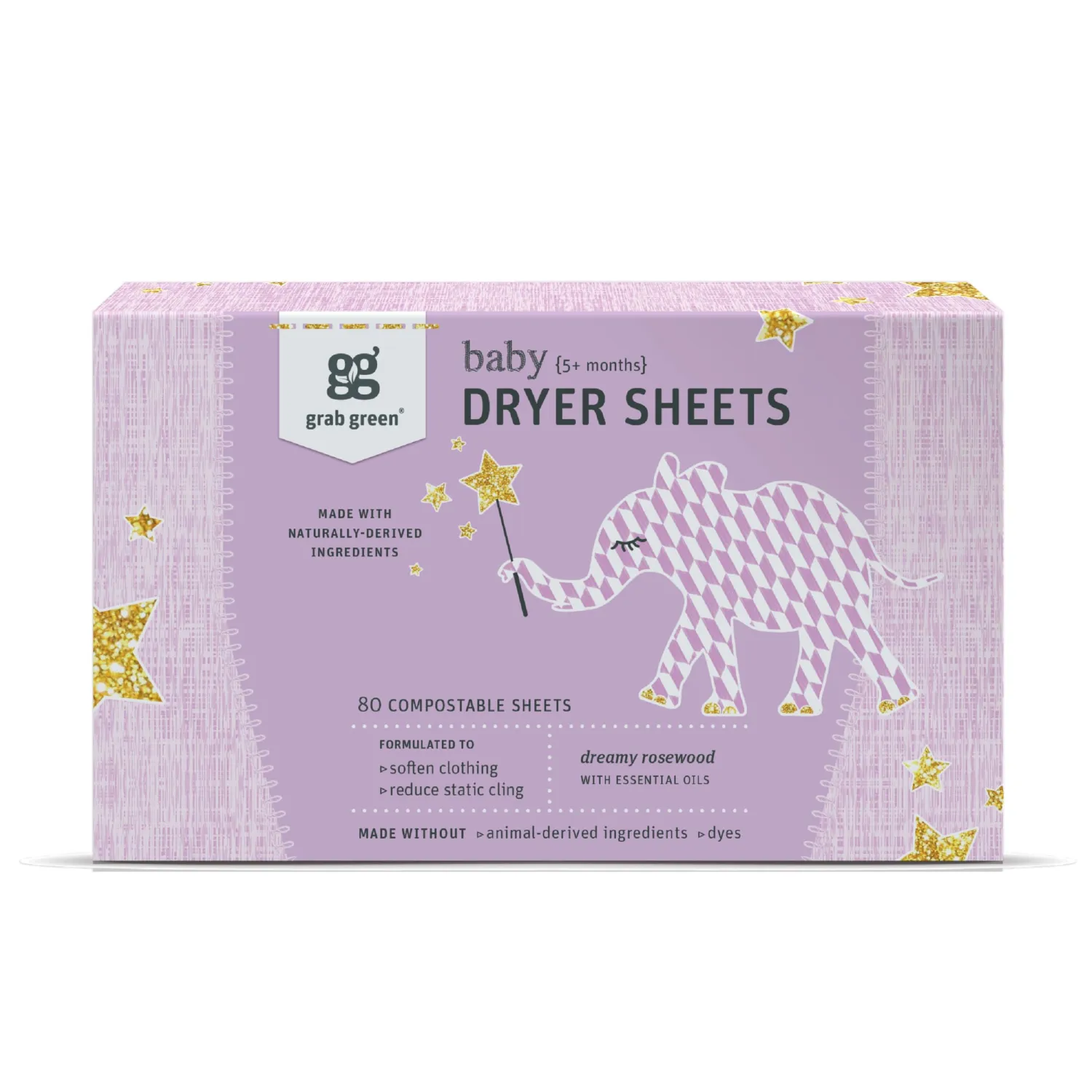Grab Green Baby Dryer Sheets, 80 count, Dreamy Rosewood, Scent | Reduces wrinkles and static; Designed for sensitive skin; Plant & Mineral Based; For Babies 5+ Months