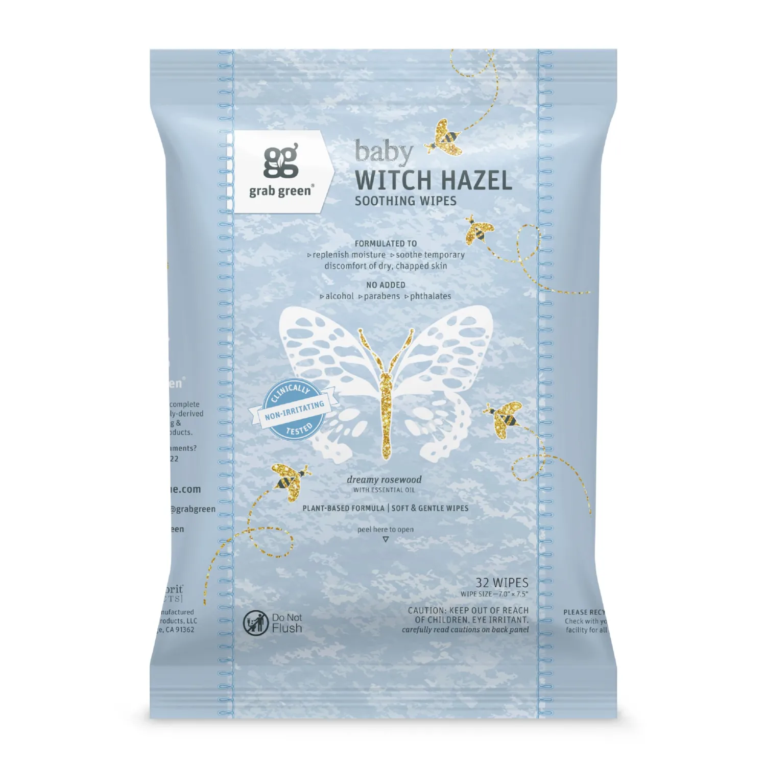 Grab Green Baby Witch Hazel Soothing Wipes, 32 Count, Dreamy Rosewood | Plant & Mineral-Based, Biodegradable, Soothe Common Skin Irritations Such as Diaper Rash, No Alcohol