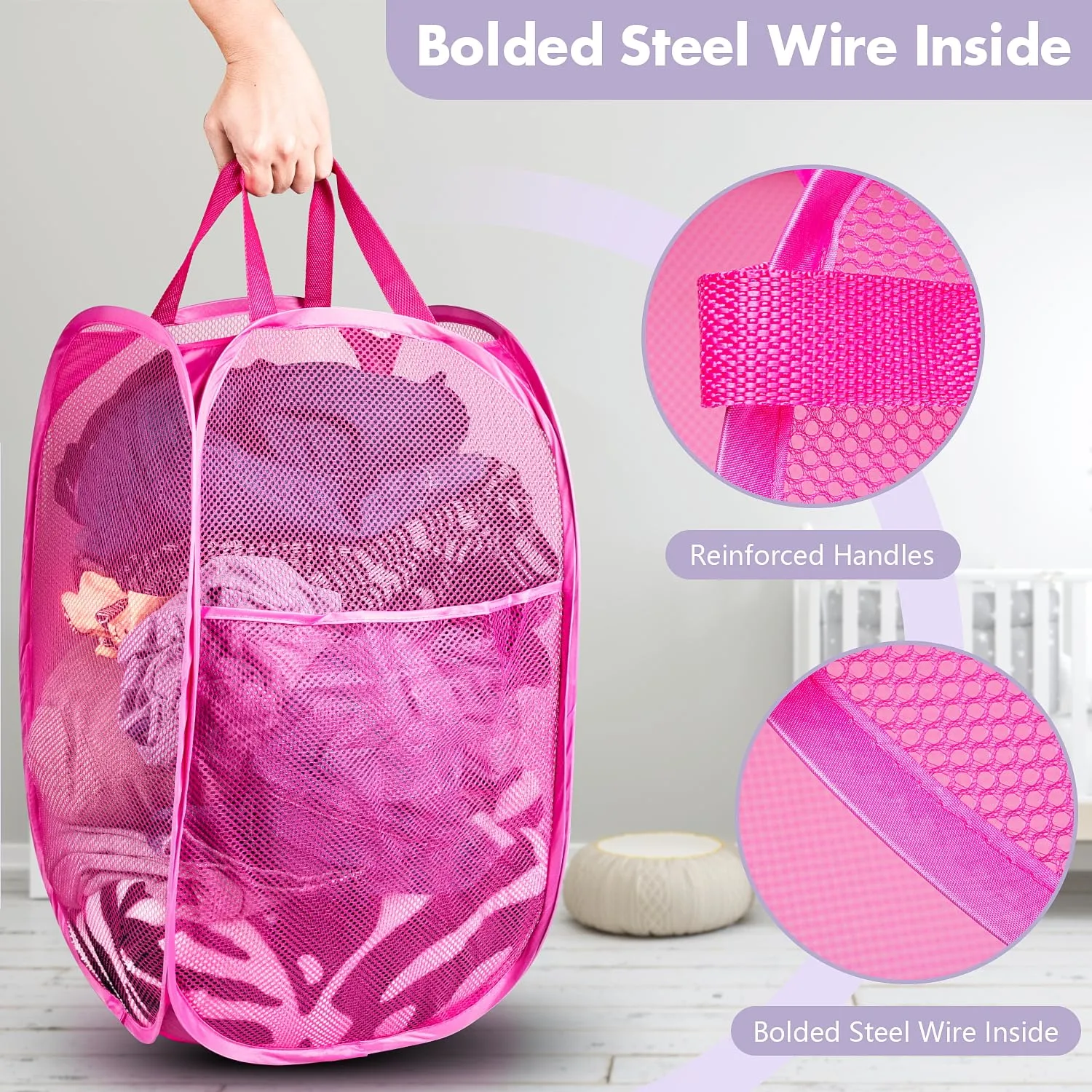 DUCOO Pop Up Laundry Hamper, 70L Collapsible Mesh Laundry Basket with Side Pocket, Foldable Dirty Clothes Hamper with Sturdy Reinforced Handles for Home Dorm Bedroom Travel Bathroom Storage, Pink