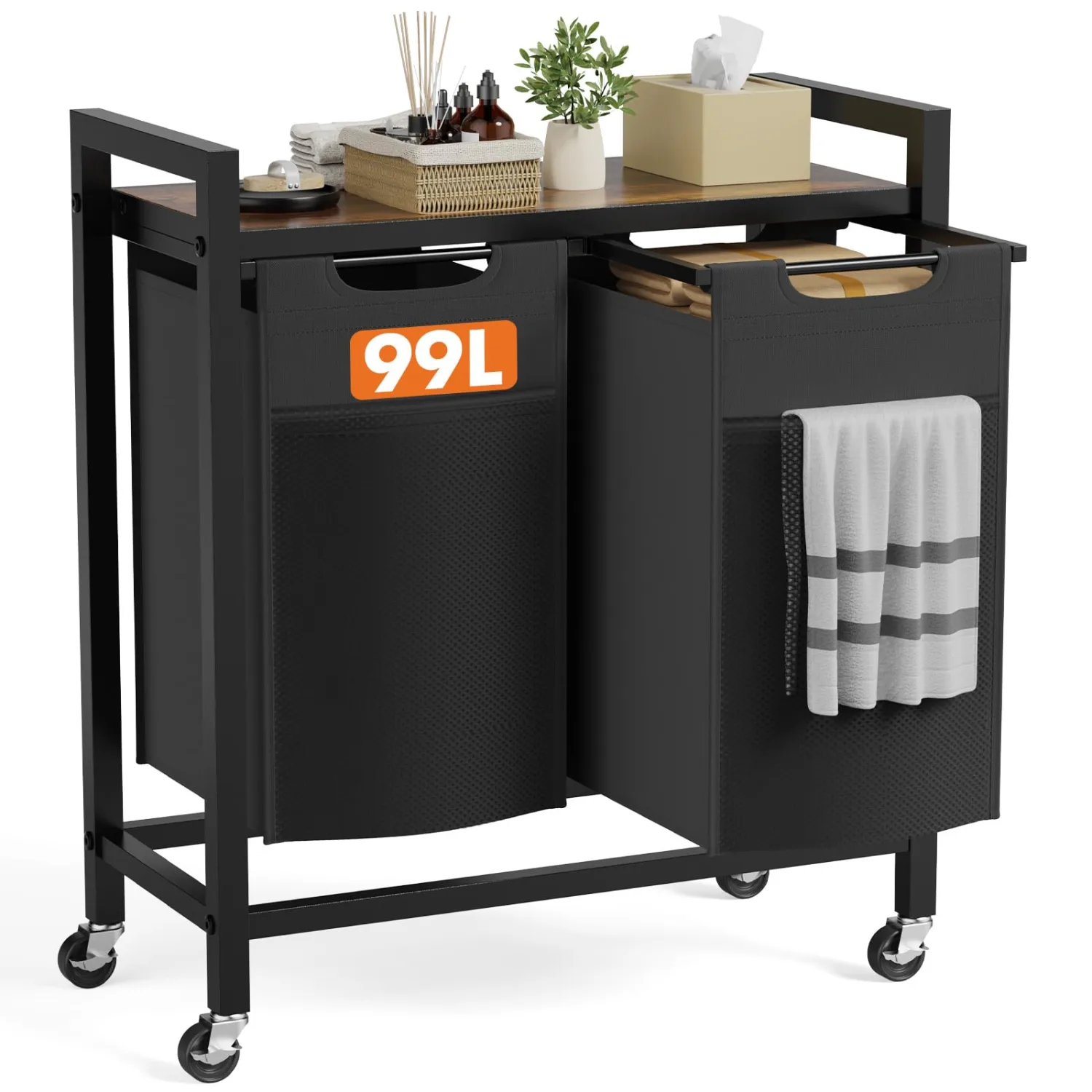 NEWBULIG Laundry Hamper Sorter with Wheels, Rolling Laundry Basket with Shelf & Removable Pull-Out Bag, Dirty Clothes Hamper for Room Organizer, 2 × 13.1 Gal (99L) - Rustic Brown and Black