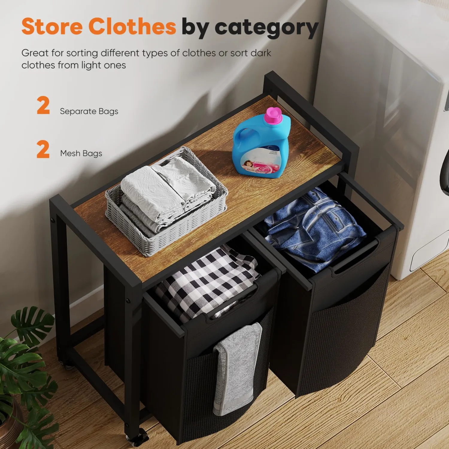 NEWBULIG Laundry Hamper Sorter with Wheels, Rolling Laundry Basket with Shelf & Removable Pull-Out Bag, Dirty Clothes Hamper for Room Organizer, 2 × 13.1 Gal (99L) - Rustic Brown and Black