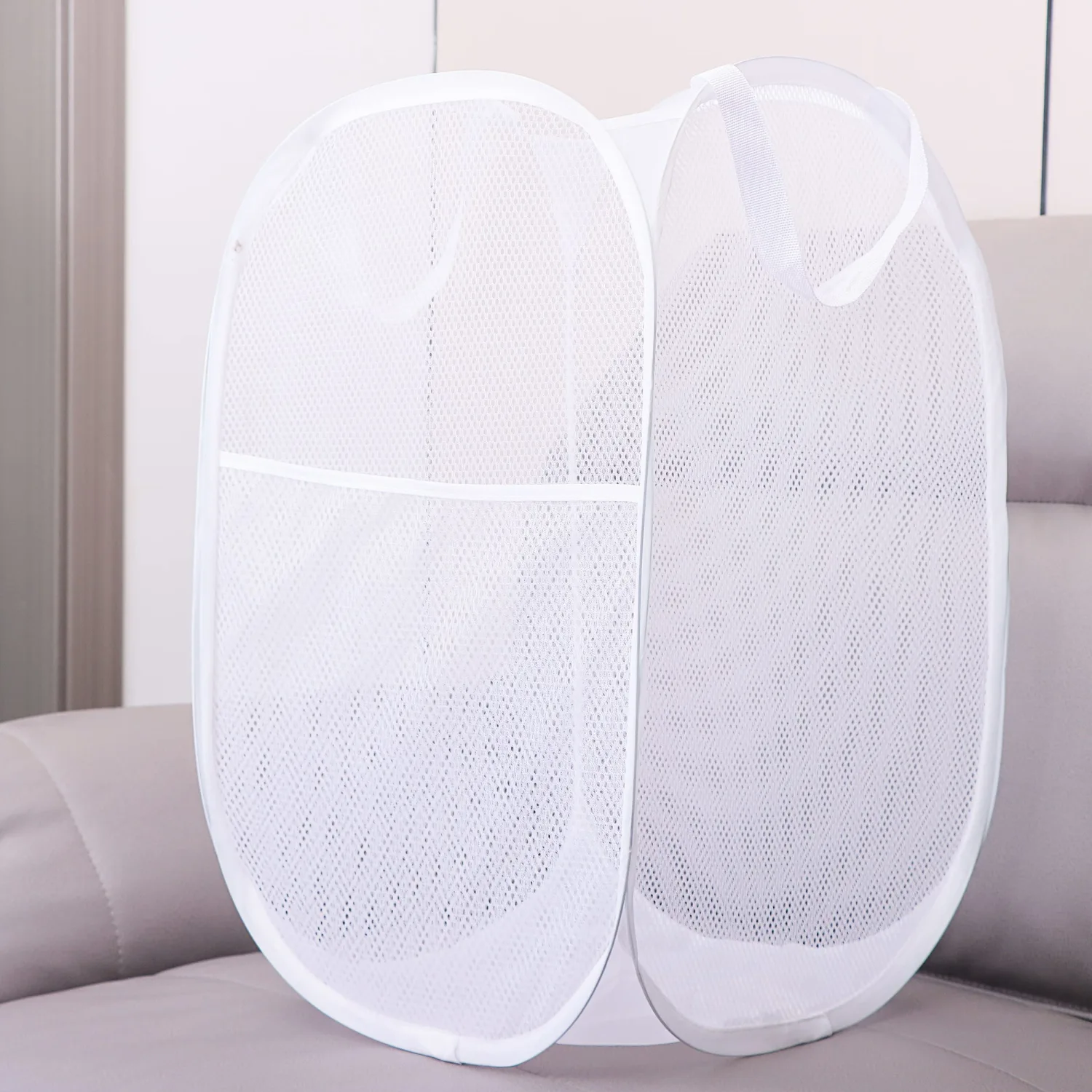 2 Pack Laundry Basket,Foldable Mesh Popup Laundry Hamper with Durable Handle,Easy to Open and Fold for Dorm, Laundry Room, Bedroom, RV(White+ White)…
