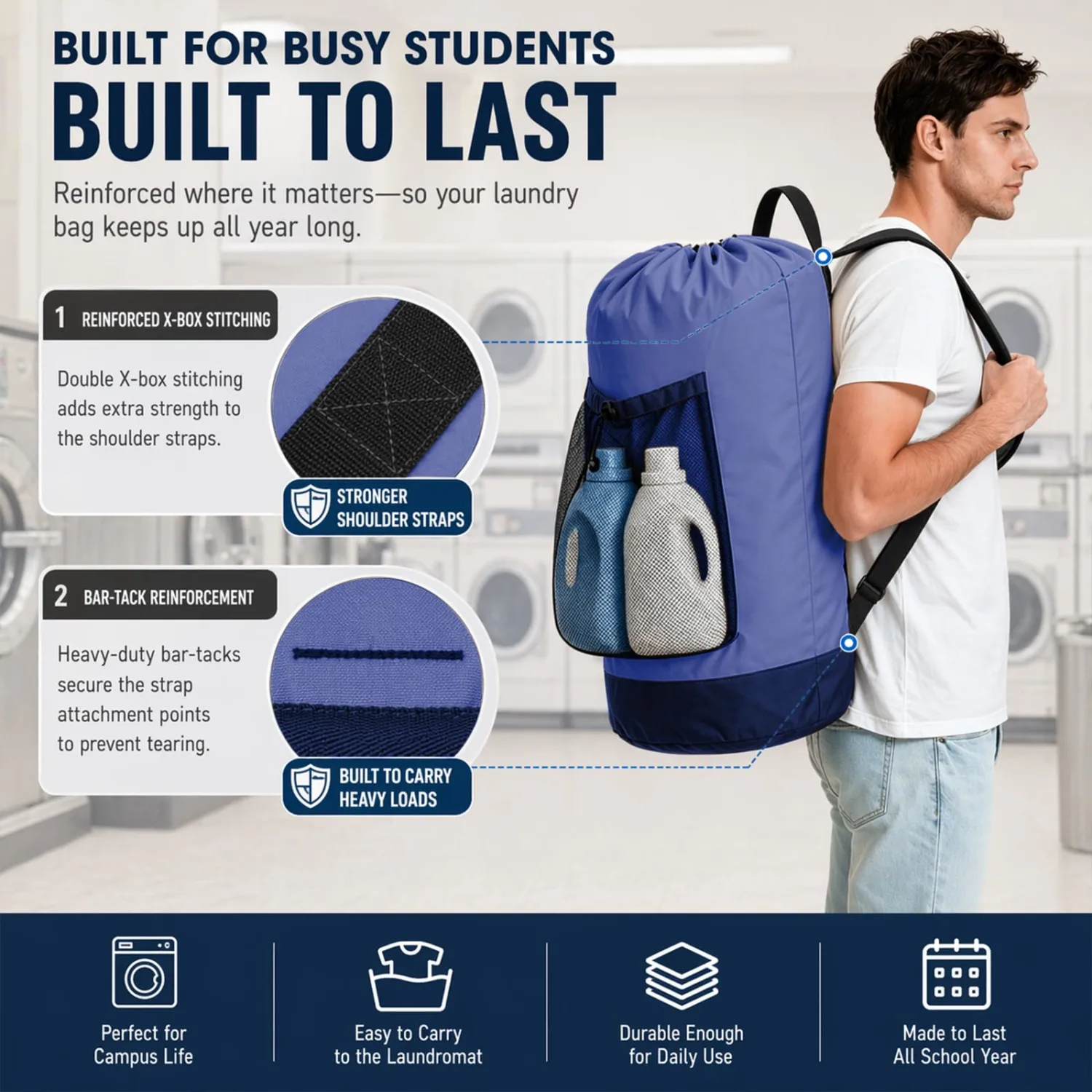 Backpack Laundry Bag, Durable polyster Laundry Backpack Bag with Shoulder Straps, Drawstring Closure & Mesh Pocket, Large Clothes Hamper for Dorm, Travel, Laundromat (Blue)