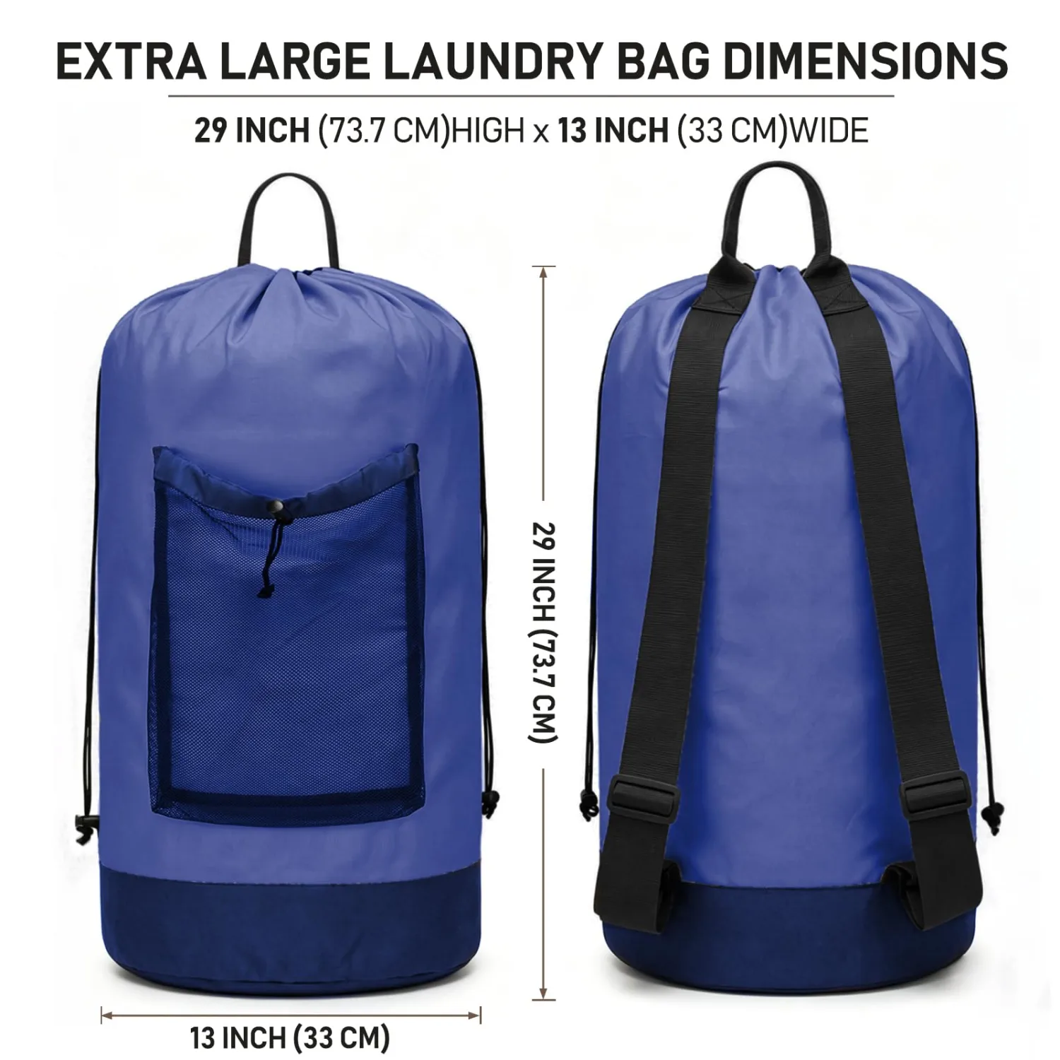 Backpack Laundry Bag, Durable polyster Laundry Backpack Bag with Shoulder Straps, Drawstring Closure & Mesh Pocket, Large Clothes Hamper for Dorm, Travel, Laundromat (Blue)
