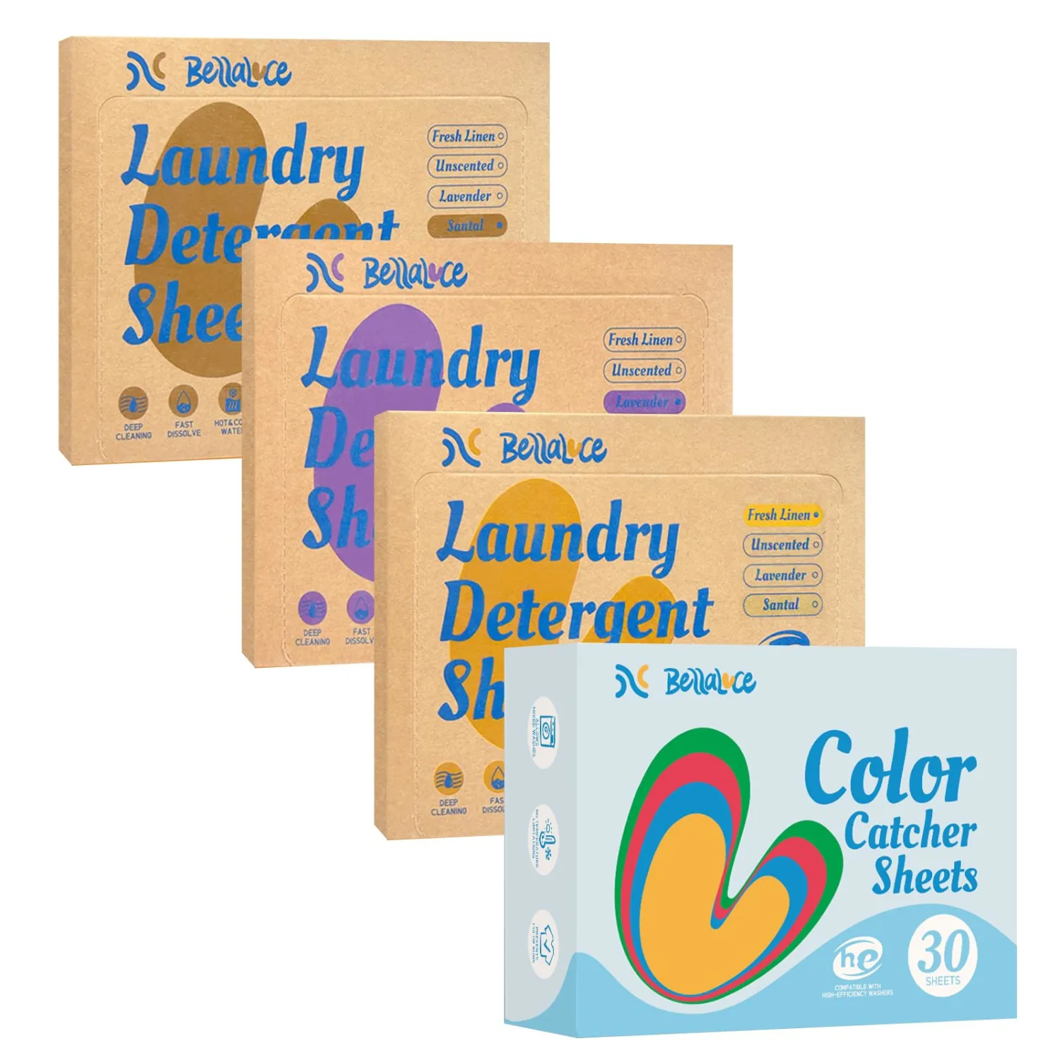 BellaLuce Laundry Detergent Sheets 96 Loads, with 30 Color Catchers | 3 Scents: Fresh Linen, Lavender & Sandalwood, Plastic-Free, Hypoallergenic, Color Bleeding Protection