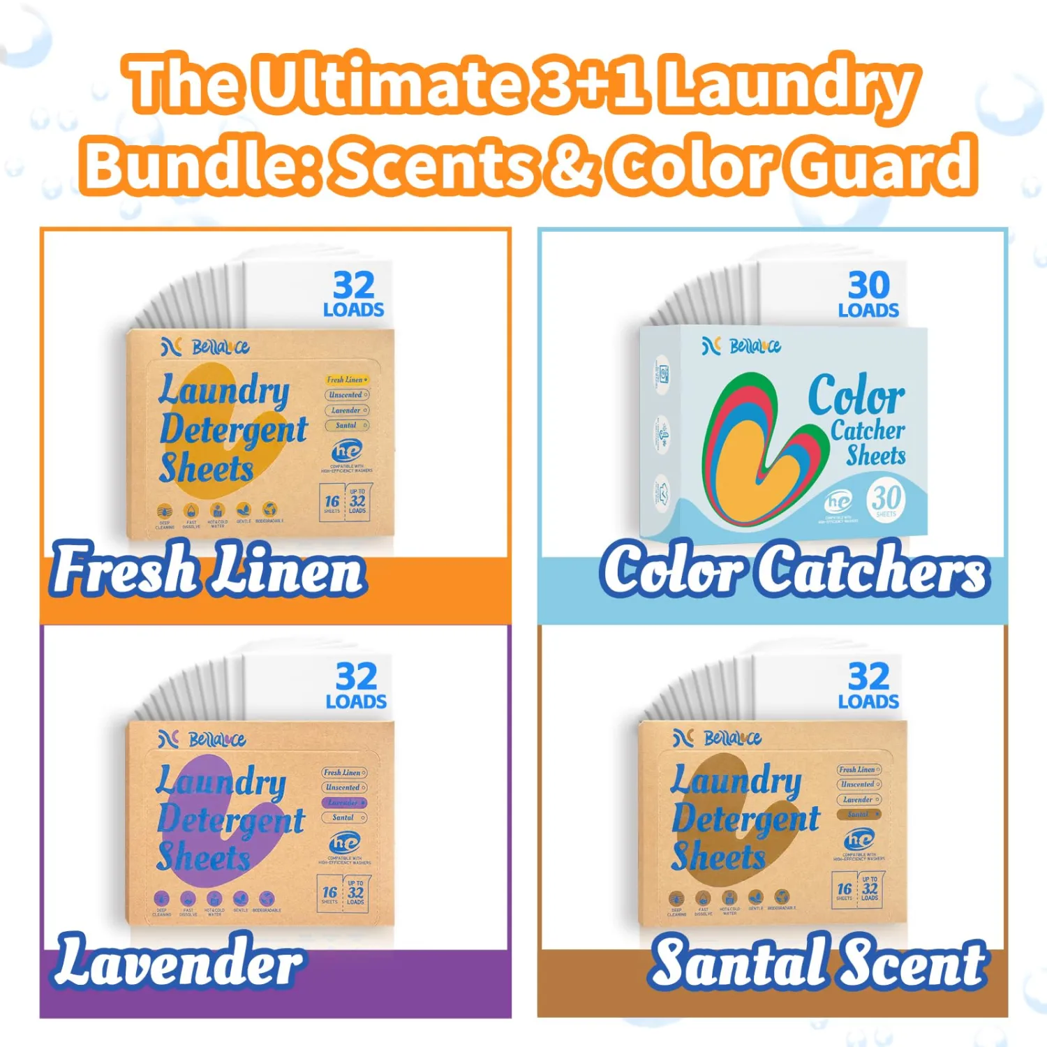 BellaLuce Laundry Detergent Sheets 96 Loads, with 30 Color Catchers | 3 Scents: Fresh Linen, Lavender & Sandalwood, Plastic-Free, Hypoallergenic, Color Bleeding Protection