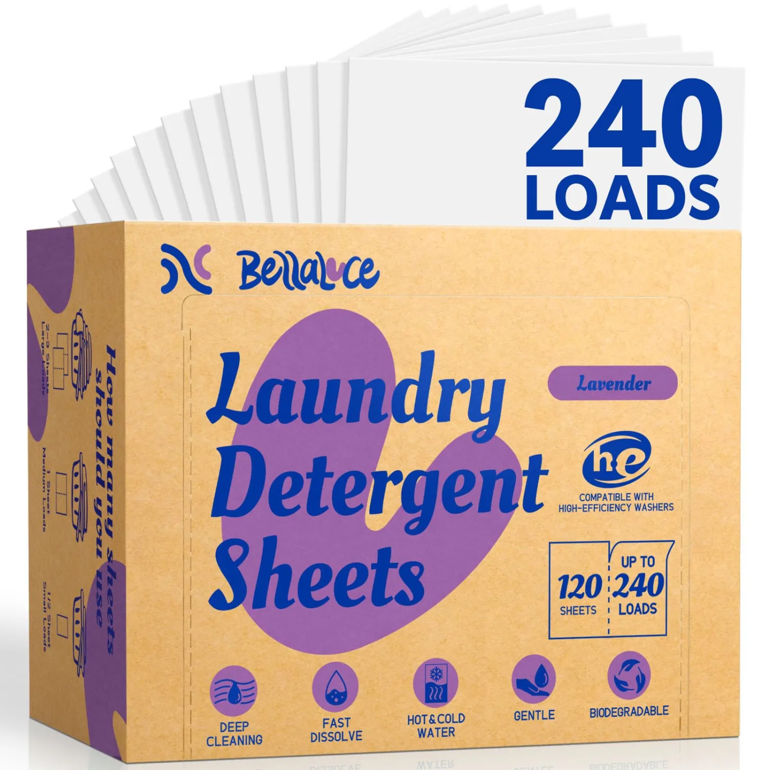 BellaLuce Laundry Detergent Sheets, 240 Loads, Lavender Scent | Plastic-Free Laundry Detergent, Fast-Dissolving, Hypoallergenic Formula Laundry Sheets, Space-Saving for Home, Dorms & Travel