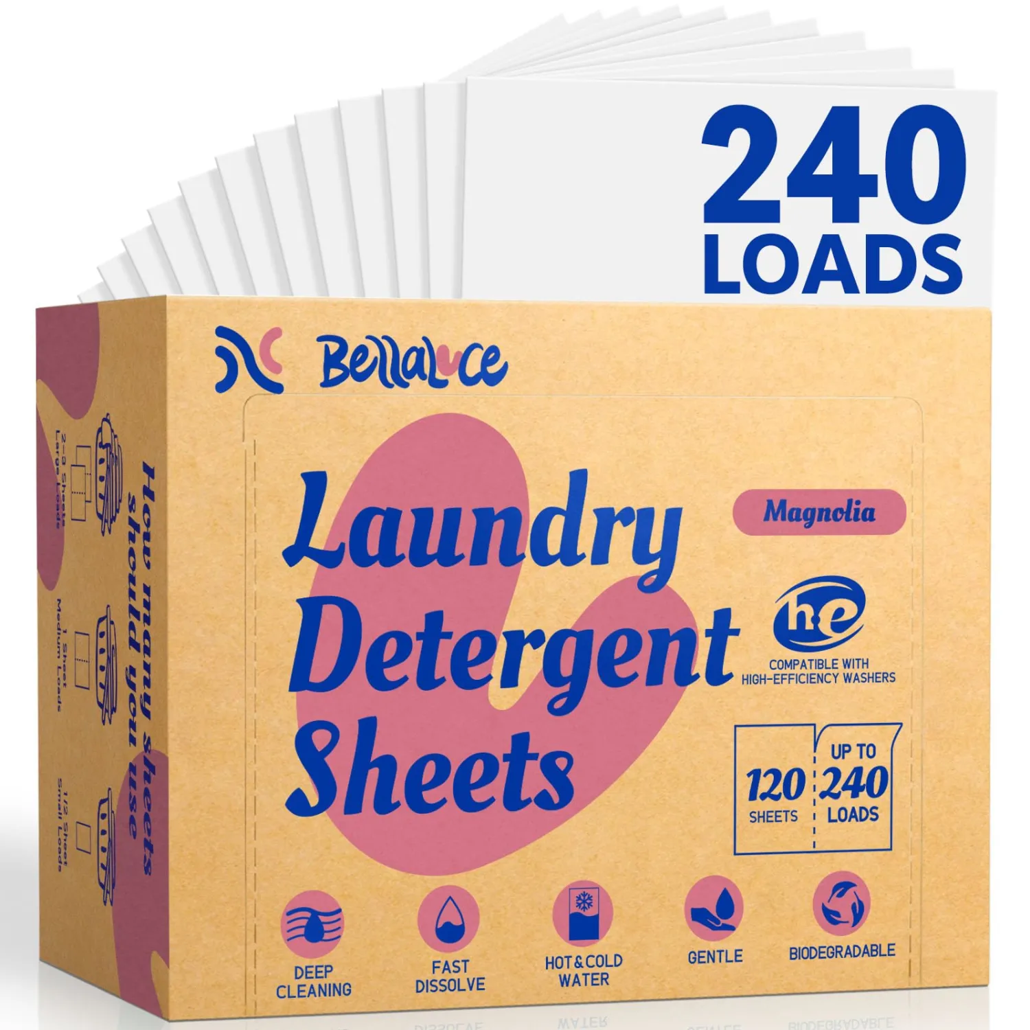 BellaLuce Laundry Detergent Sheets, 240 Loads, Magnolia Scent | Plastic-Free Laundry Detergent, Fast-Dissolving, Hypoallergenic Formula Laundry Sheets, Space-Saving for Home, Dorms & Travel
