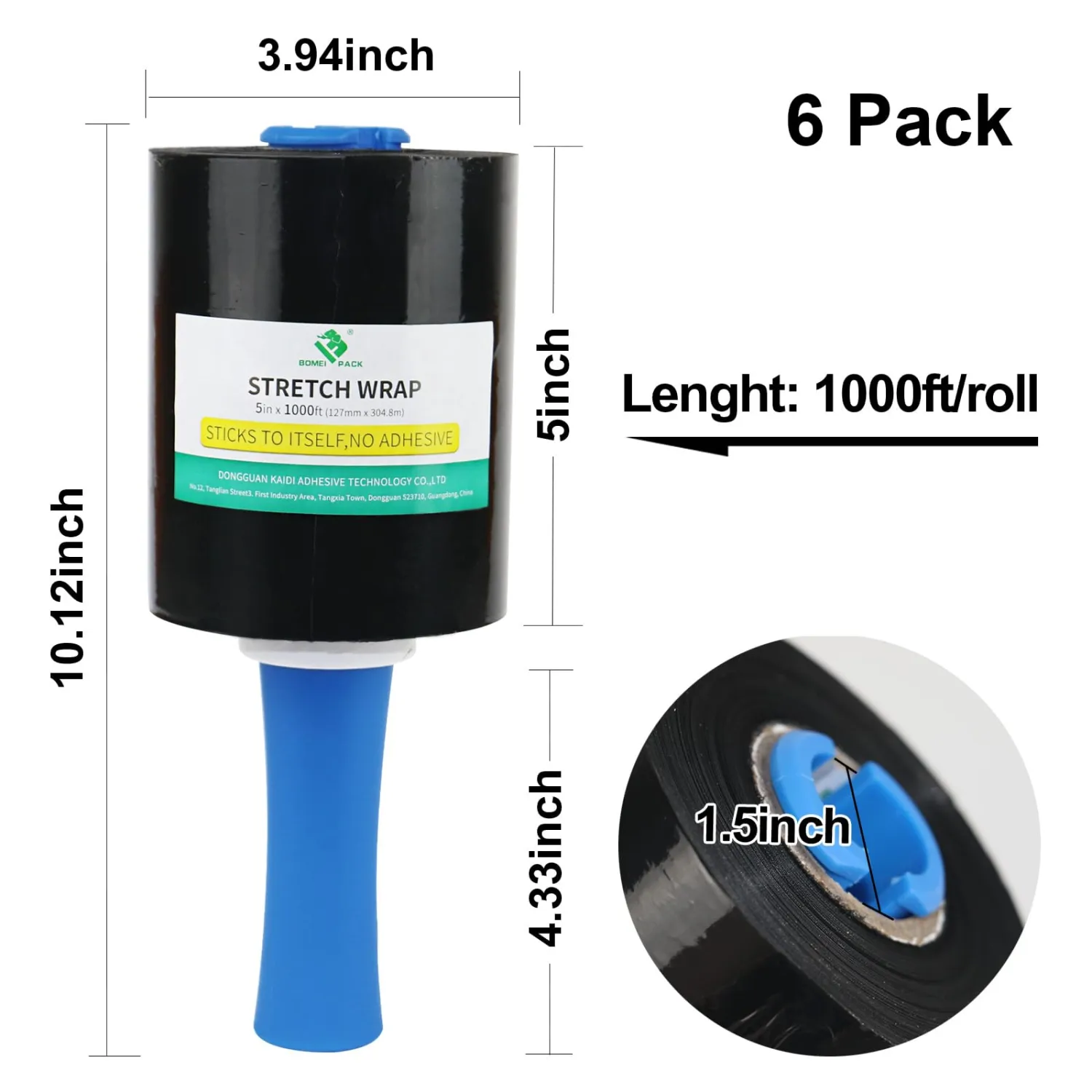 BOMEI PACK Black 6 Pack Industrial Mini Stretch Wrap with 2 Handles 5" 1000ft 80 Gauge for Pallet Film, Durable Self-Adhering Plastic Wrap for Packing,Shipping, Moving, Heavy Duty