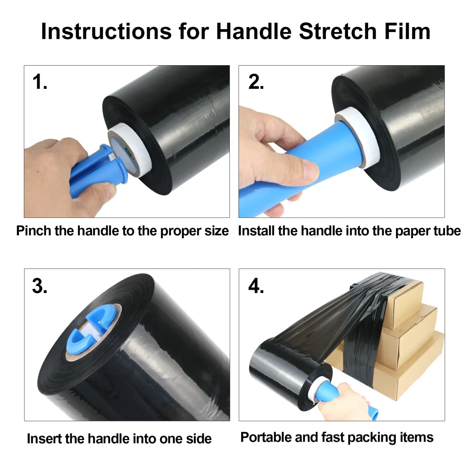 BOMEI PACK Black 6 Pack Industrial Mini Stretch Wrap with 2 Handles 5" 1000ft 80 Gauge for Pallet Film, Durable Self-Adhering Plastic Wrap for Packing,Shipping, Moving, Heavy Duty