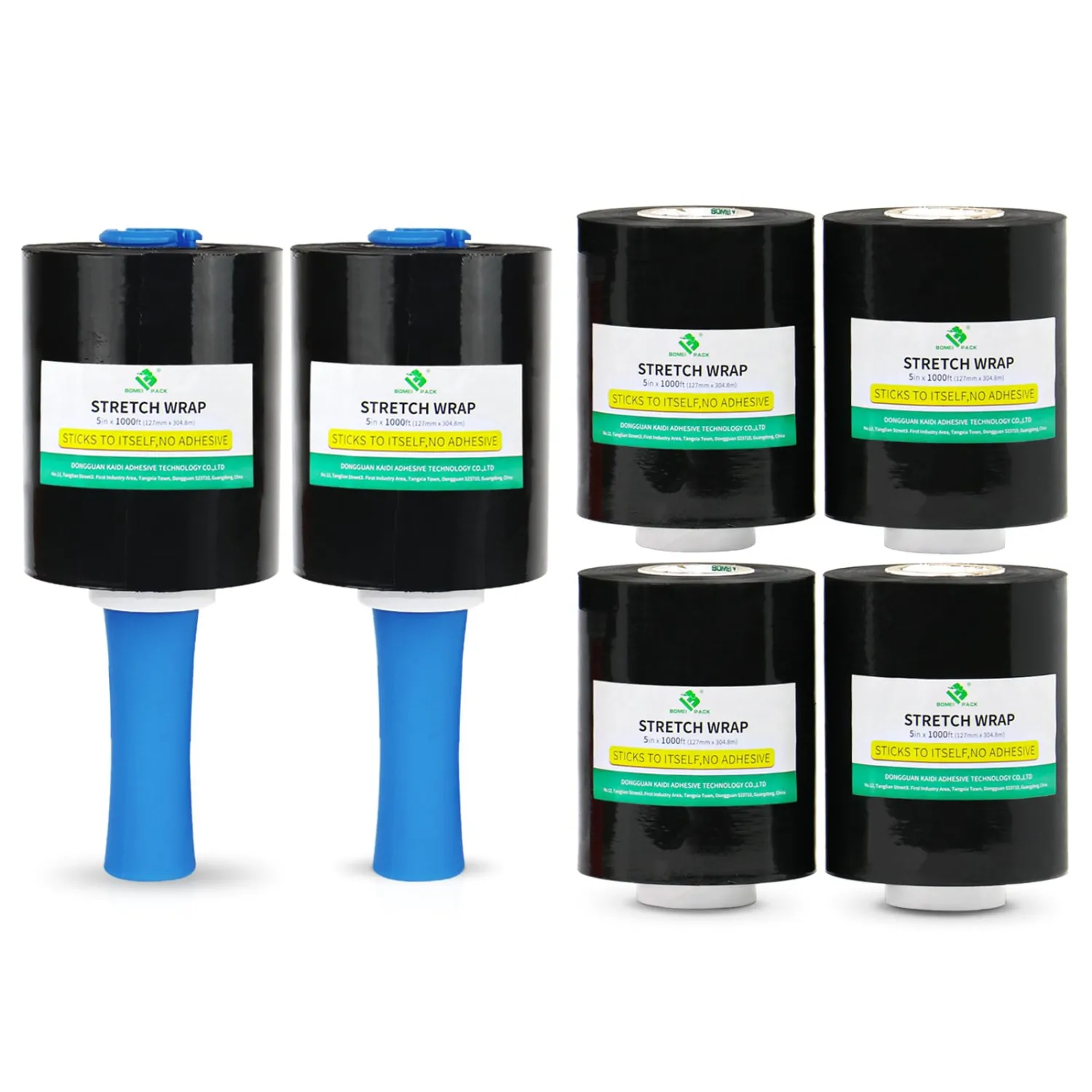 BOMEI PACK Black 6 Pack Industrial Mini Stretch Wrap with 2 Handles 5" 1000ft 80 Gauge for Pallet Film, Durable Self-Adhering Plastic Wrap for Packing,Shipping, Moving, Heavy Duty