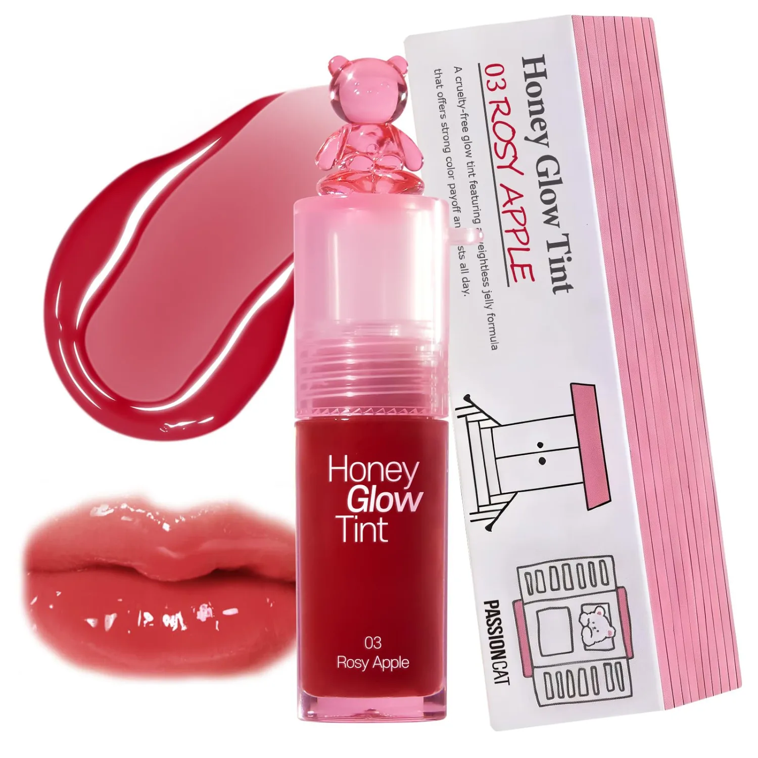 PASSIONCAT Honey Glow Tint, 5-in-1 Lip Gloss Treatment — Non-Sticky, Plumping Shine, Sheer Color — Hydrating Lip Balm, Gloss & Mask in One — with Hyaluronic Acid & Botanicals (03# ROSY APPLE)
