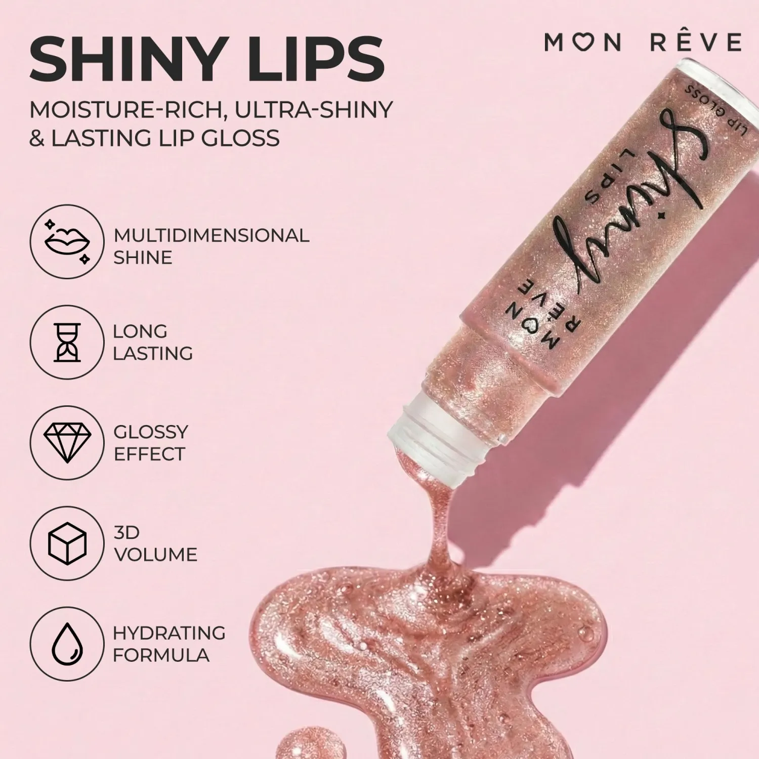 MON RÊVE Moisturizing Lip Gloss for Women – Ultra-Shiny 3D Hydrating Lip Gloss with Chamomile Oil, Non-Sticky Nourishing Formula for Long-Lasting Wear, 0.27 fl oz, 18 Shimmer Shades (03 NUDE)