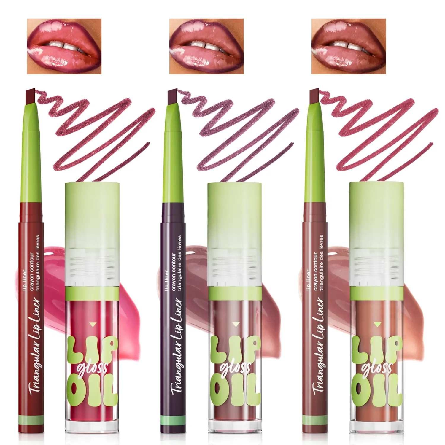 Noerrors 6pcs Hydrating Tinted Lip Oil + Lip Liner Pencil Combo Sets, Moisturizing Lip Kit with Lip Liner and Big Brush Head Gloss for Women, Plumping Smooth Lip Care Long-Lasting Liquid Lipstick Pack
