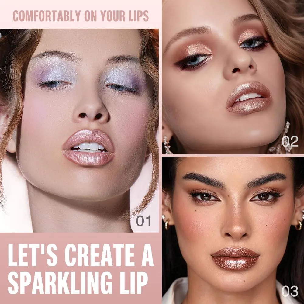 evpct 3Pcs Pink Nude Copper Shimmery Metallic Lip Liner and Lipstick Combo, Cone Tip Lip Crayon for Women Long Lasting Waterproof, Hydrating Lipstick Makeup, Glitter Lips Liner Pencil for Shinny Shade