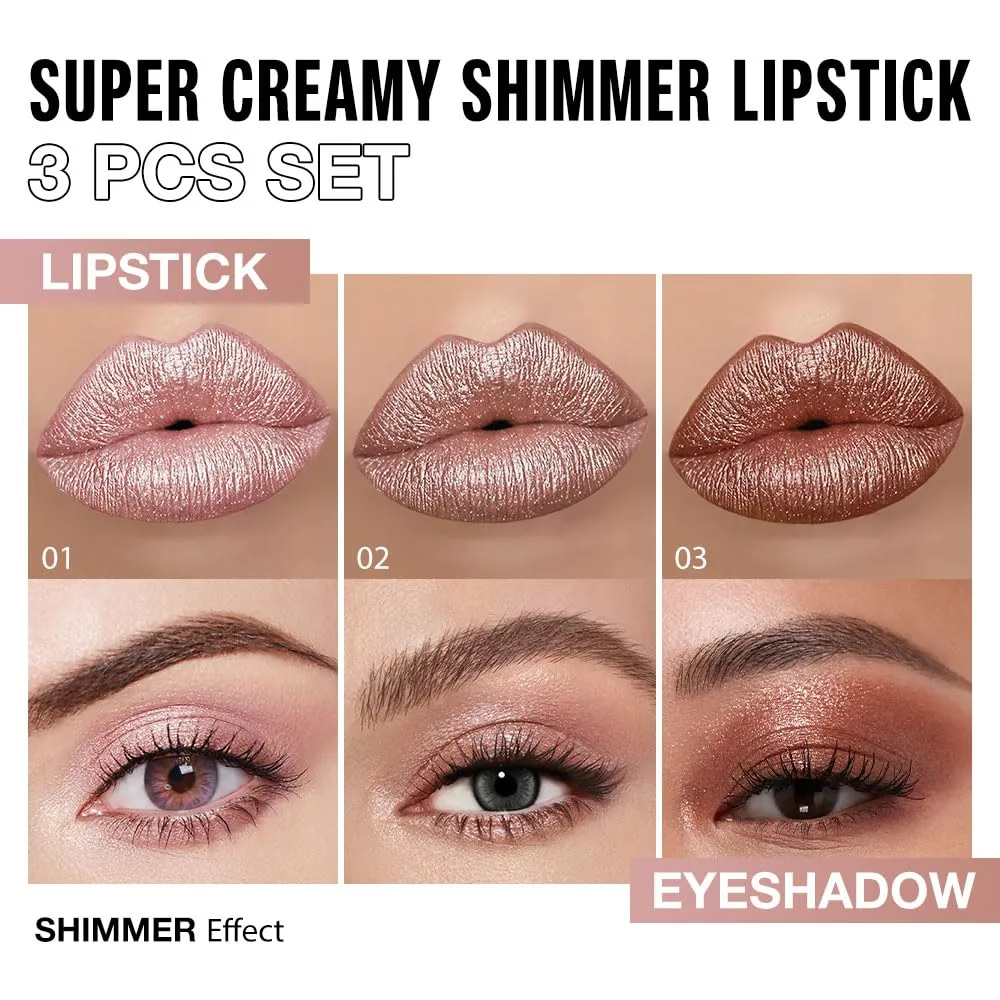 evpct 3Pcs Pink Nude Copper Shimmery Metallic Lip Liner and Lipstick Combo, Cone Tip Lip Crayon for Women Long Lasting Waterproof, Hydrating Lipstick Makeup, Glitter Lips Liner Pencil for Shinny Shade