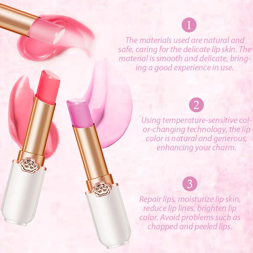 BINGBRUSH Peach Color Changing Lipstick,Moisturizer Long Lasting Lip Care Lip Balm Magic Lip Gloss Lip Tint Stain Gloss Set for Women (3 pcs Peach + Strawberry +Grape Lipstick)