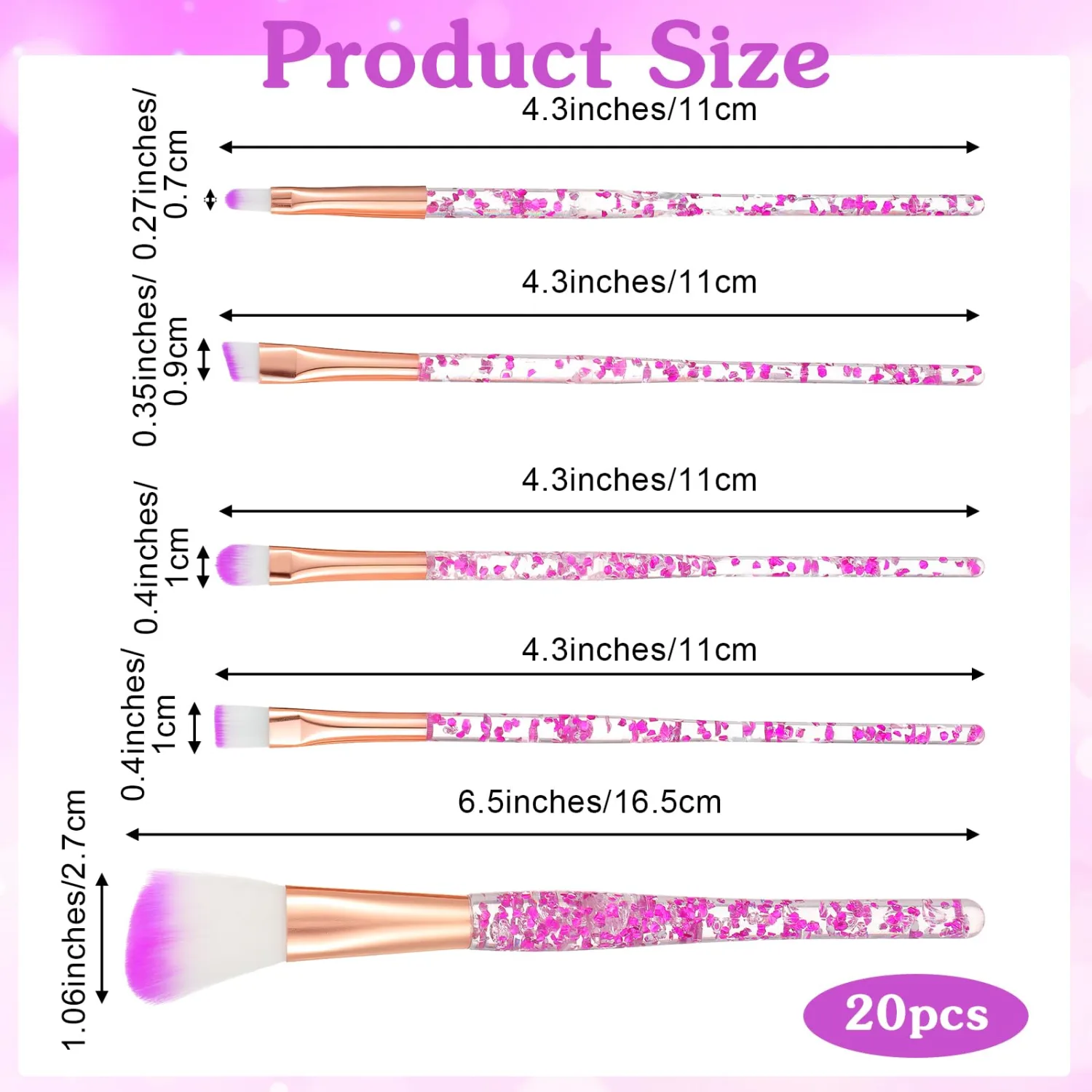 20 Pcs Cute Make up Brushes Glitter Crystal Makeup Brush Bling Professional Foundation Concealer Eye Shadow Eyeliner Blush Lip Face Cosmetics Blending Synthetic Brushes Tools for Women Girls