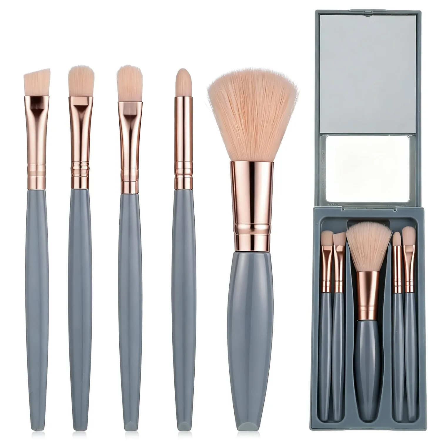 5 Pcs Mini Travel Makeup Brushes Set with Case and Mirror (Blue) | Portable Mini Makeup Brushes, Eye Shadow Brush Set, Small Cosmetic Brush, Multifunctional Make-up Tool Sets for Travel, Daily