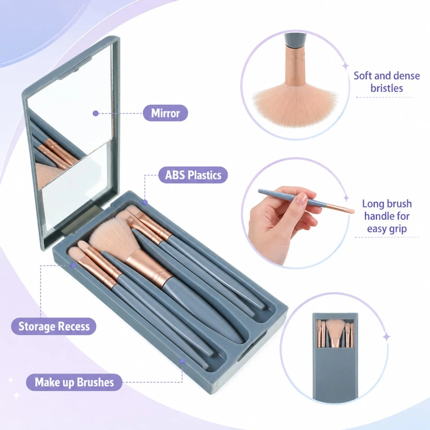 5 Pcs Mini Travel Makeup Brushes Set with Case and Mirror (Blue) | Portable Mini Makeup Brushes, Eye Shadow Brush Set, Small Cosmetic Brush, Multifunctional Make-up Tool Sets for Travel, Daily