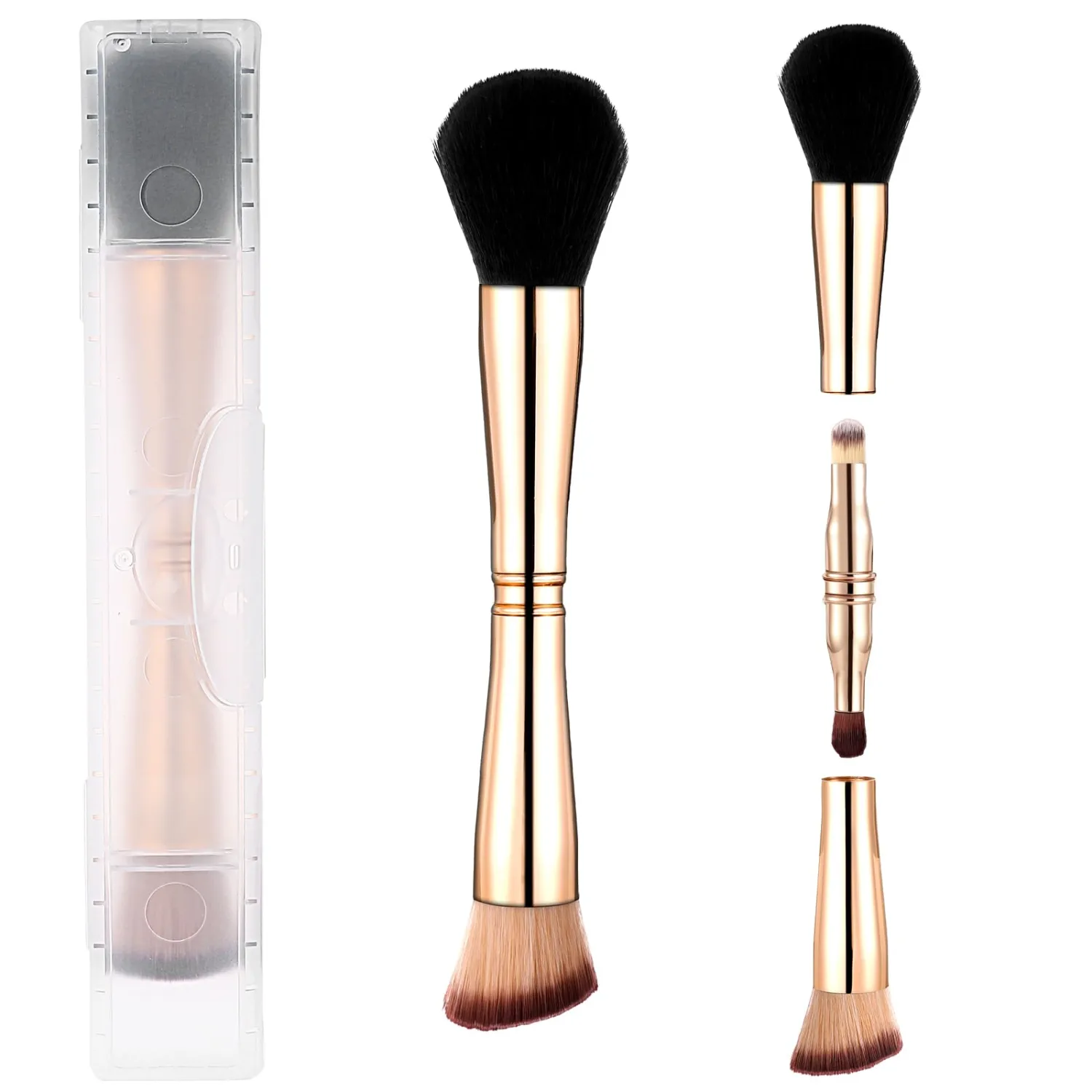 Travel Makeup Brush Set 4 In 1 Makeup Brush With Case Dual Ended Mini Travel Size Makeup Brushes Foundation/Blush Brush Eyeshadow Brush Concealer Brush for Cosmetic Make Up (Gold)