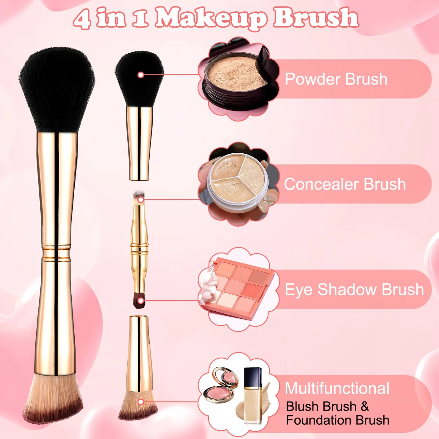 Travel Makeup Brush Set 4 In 1 Makeup Brush With Case Dual Ended Mini Travel Size Makeup Brushes Foundation/Blush Brush Eyeshadow Brush Concealer Brush for Cosmetic Make Up (Gold)