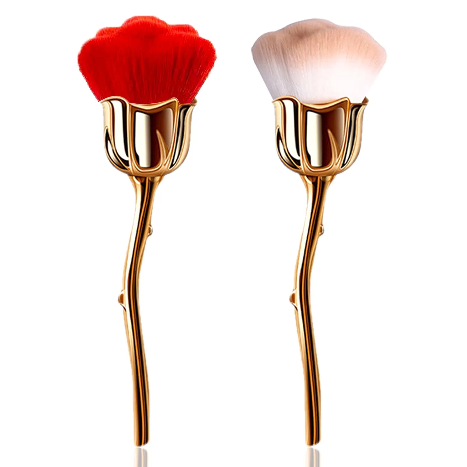 2-Piece Rose Makeup Brush Set - Super Large Face Blush & Powder Brushes - Kabuki Brushes for Cosmetic & Nail Dust - Gold Brown/Gold Red