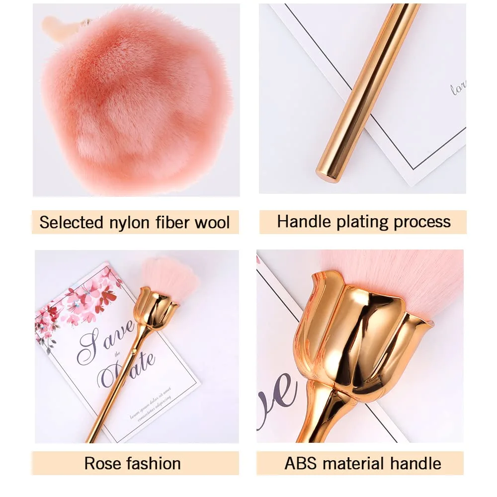 2-Piece Rose Makeup Brush Set - Super Large Face Blush & Powder Brushes - Kabuki Brushes for Cosmetic & Nail Dust - Gold Brown/Gold Red