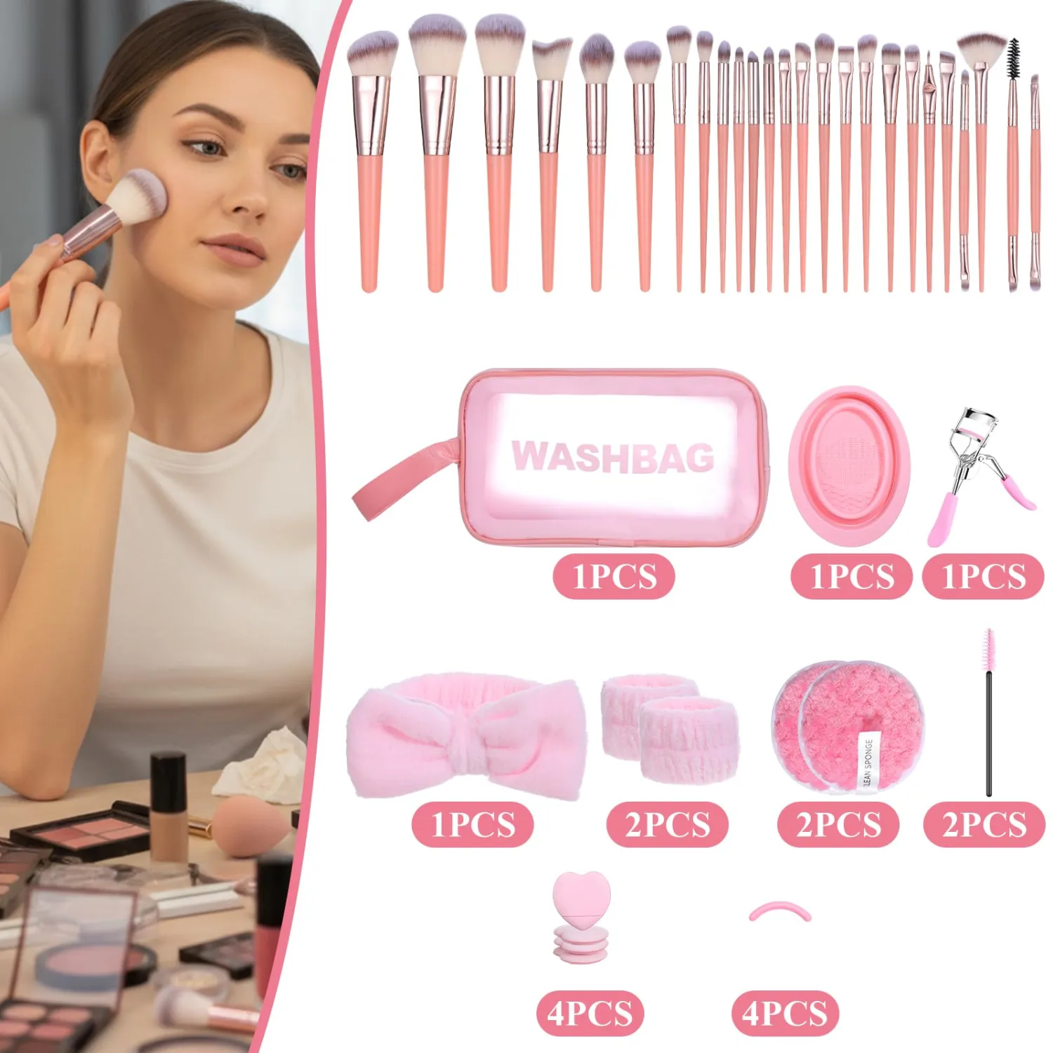 65 Pcs Makeup Brushes Set, Professional Foundation Brush Kit with Travel Case, Eye Shadow and Face Blending Brushes for Women, Complete Cosmetic Makeup Tools(Pink)