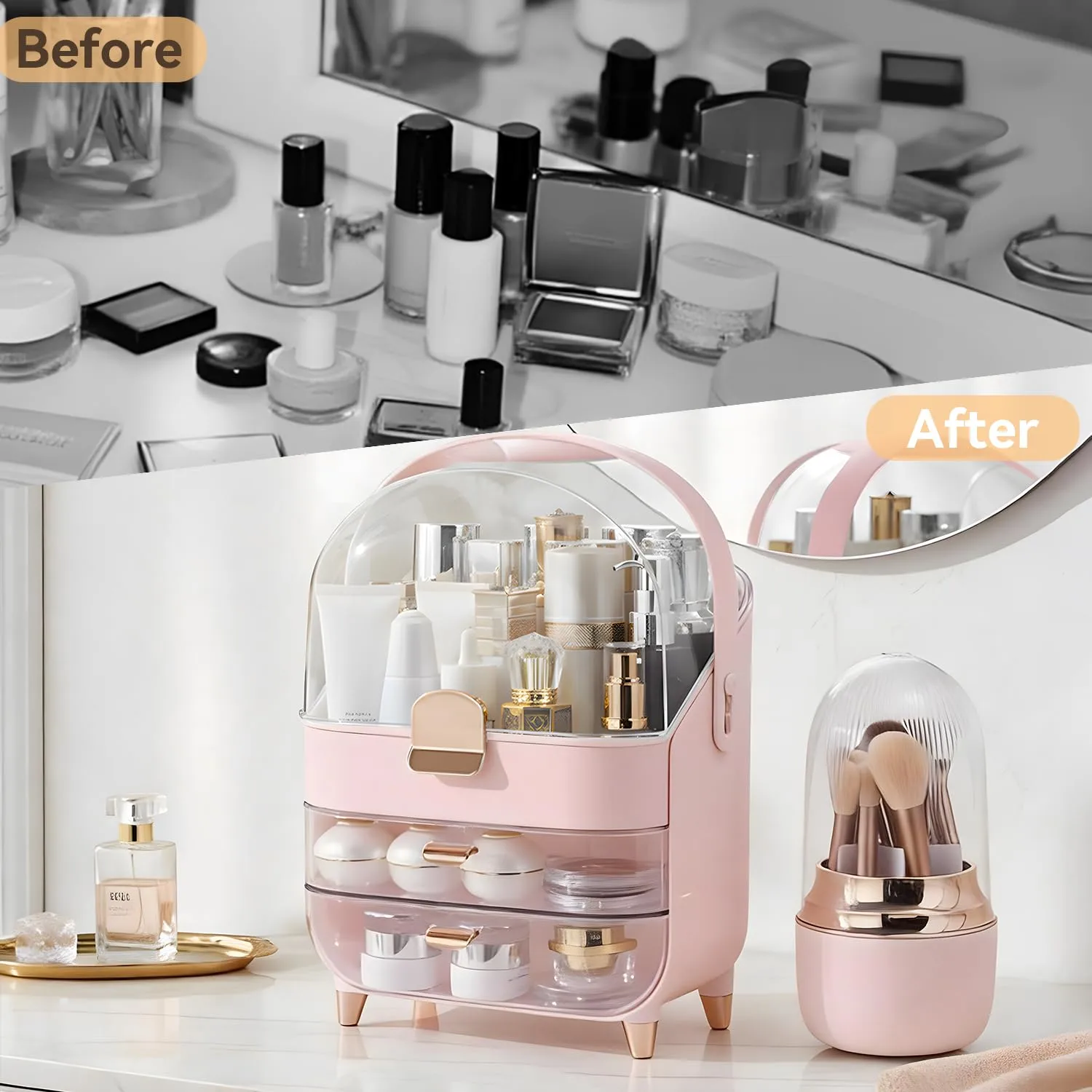 Makeup Organizer Countertop, Skincare Bathroom Counter Organizer, Storage Box Cosmetic Display Cases, Teen Girl Gifts Trendy Stuff Make up Organizers for Vanity, Dresser (Pink)
