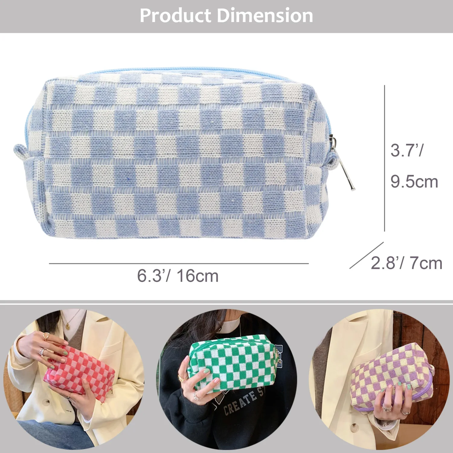 PAZIMIIK Checkered Makeup Bag for Purse Portable Zipper Make Up Pouch Small Cosmetic Case for Travel Accessories (2PCS Blue Hotpink)