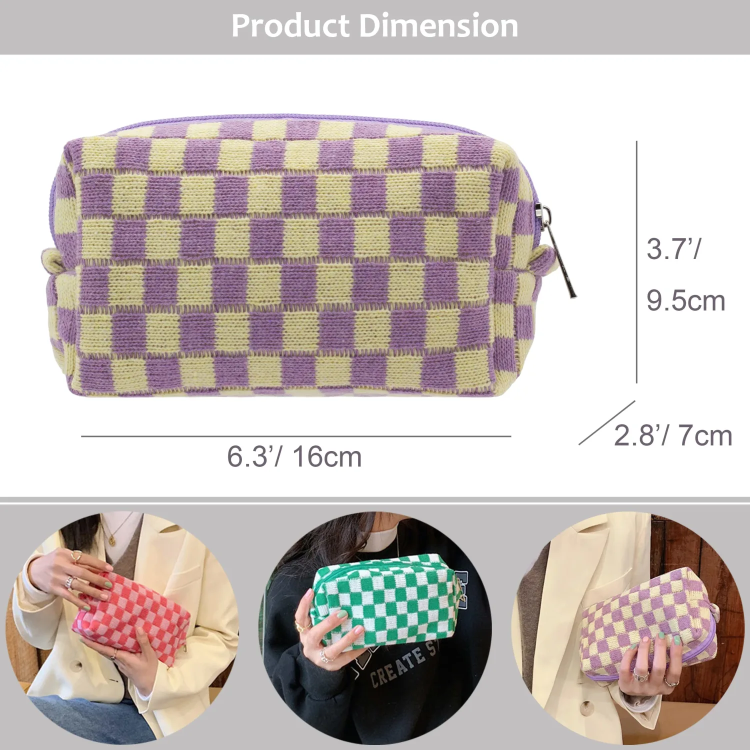 PAZIMIIK Checkered Makeup Bag for Purse Portable Zipper Make Up Pouch Small Cosmetic Case for Travel Accessories (2PCS Purple)
